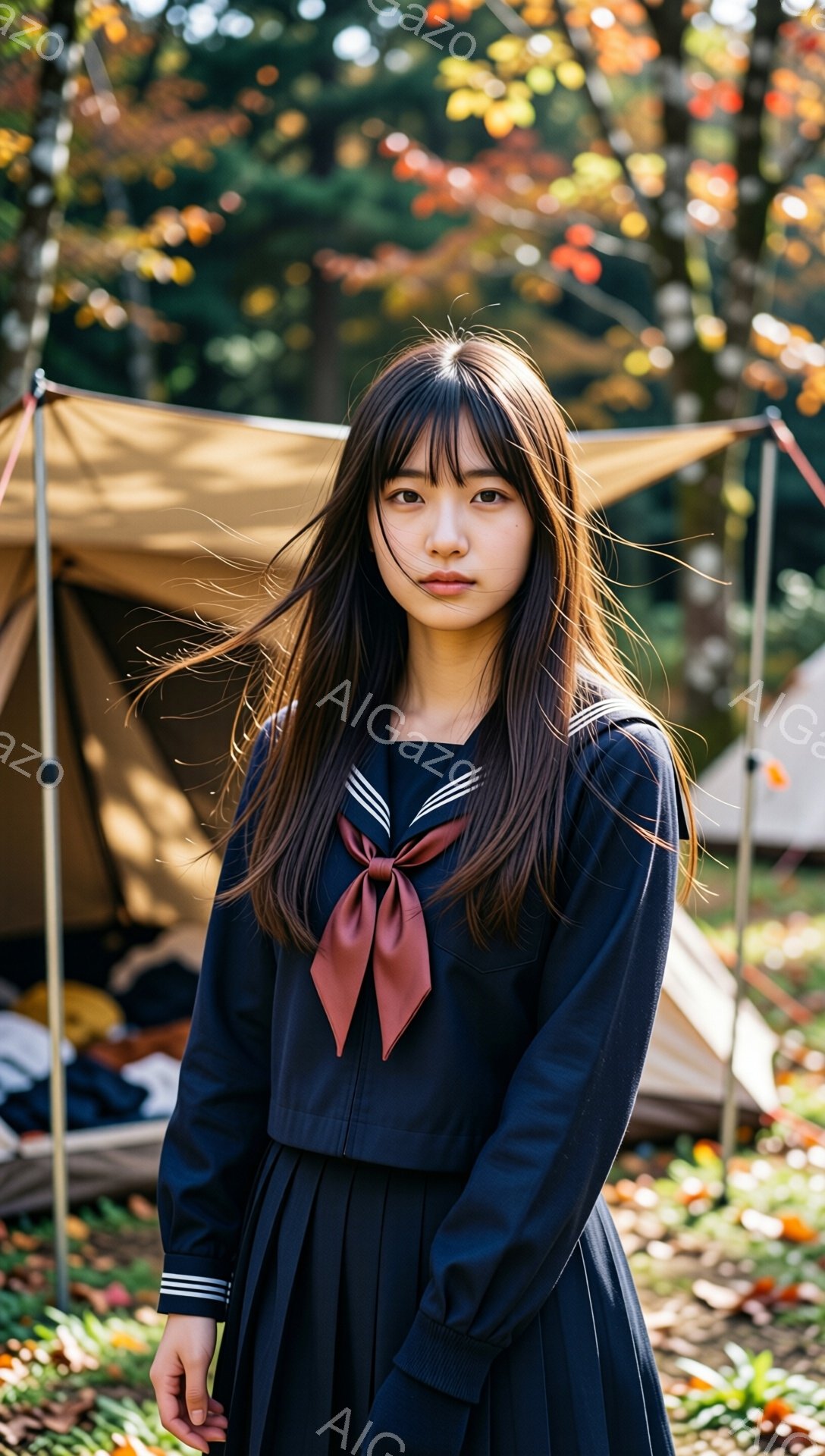 画像は、紺色のセーラー服を着た若い女性を捉えています。彼女は長い茶色の髪を肩に垂らし、赤いリボンを結んでいます。背景には、落ち葉で覆われた地面と、キャンプに使用される茶色のテントがぼやけて見え、秋の穏やかな雰囲気を醸し出しています。