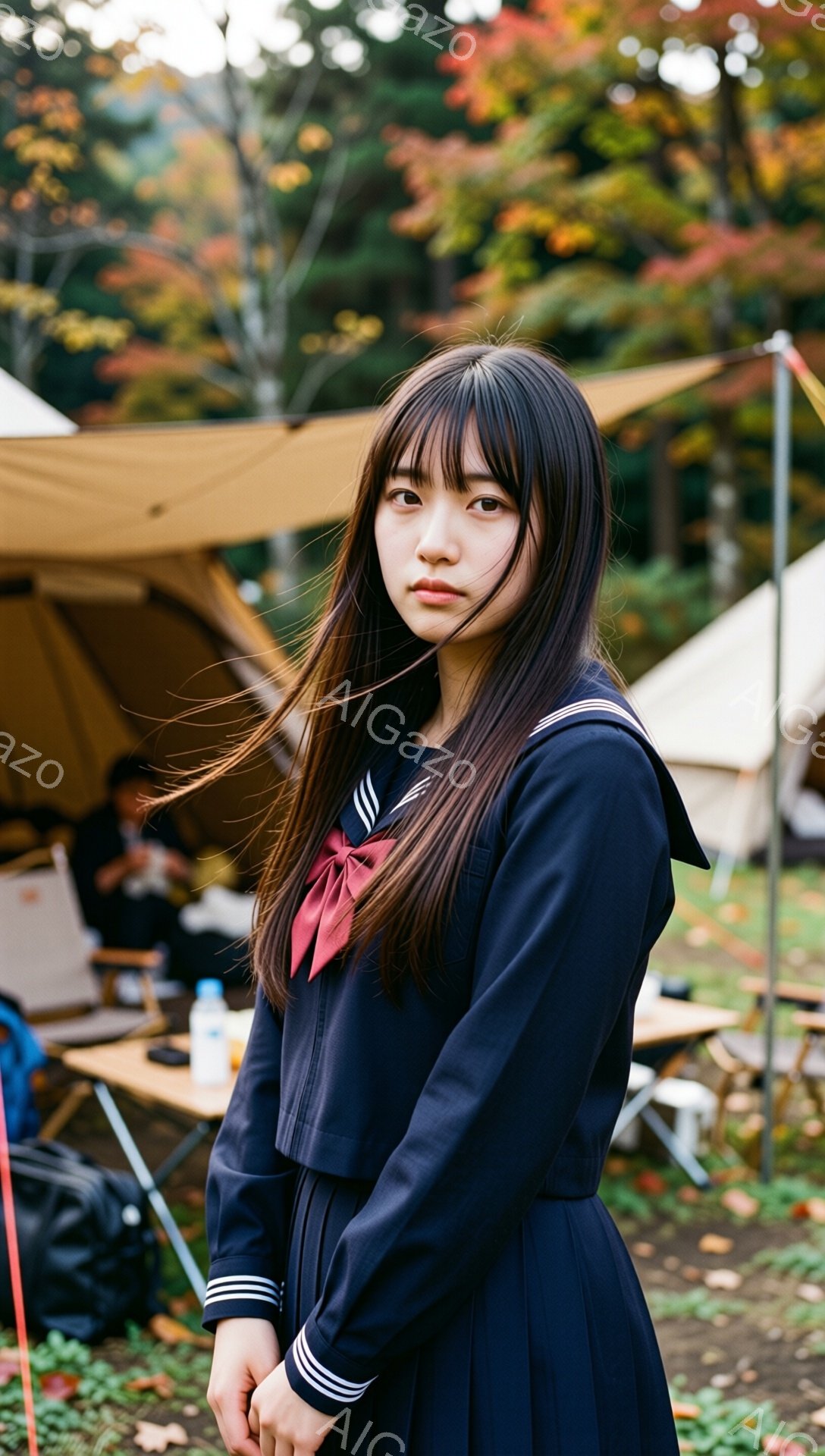 制服姿の女子学生が、少し横を向いてこちらを見ている。黒髪のロングヘアは、風になびいており、赤いリボンがアクセントになっている。背景には、テントやテーブルが並び、秋らしい紅葉の木々が見えるキャンプ場の風景が広がっている。