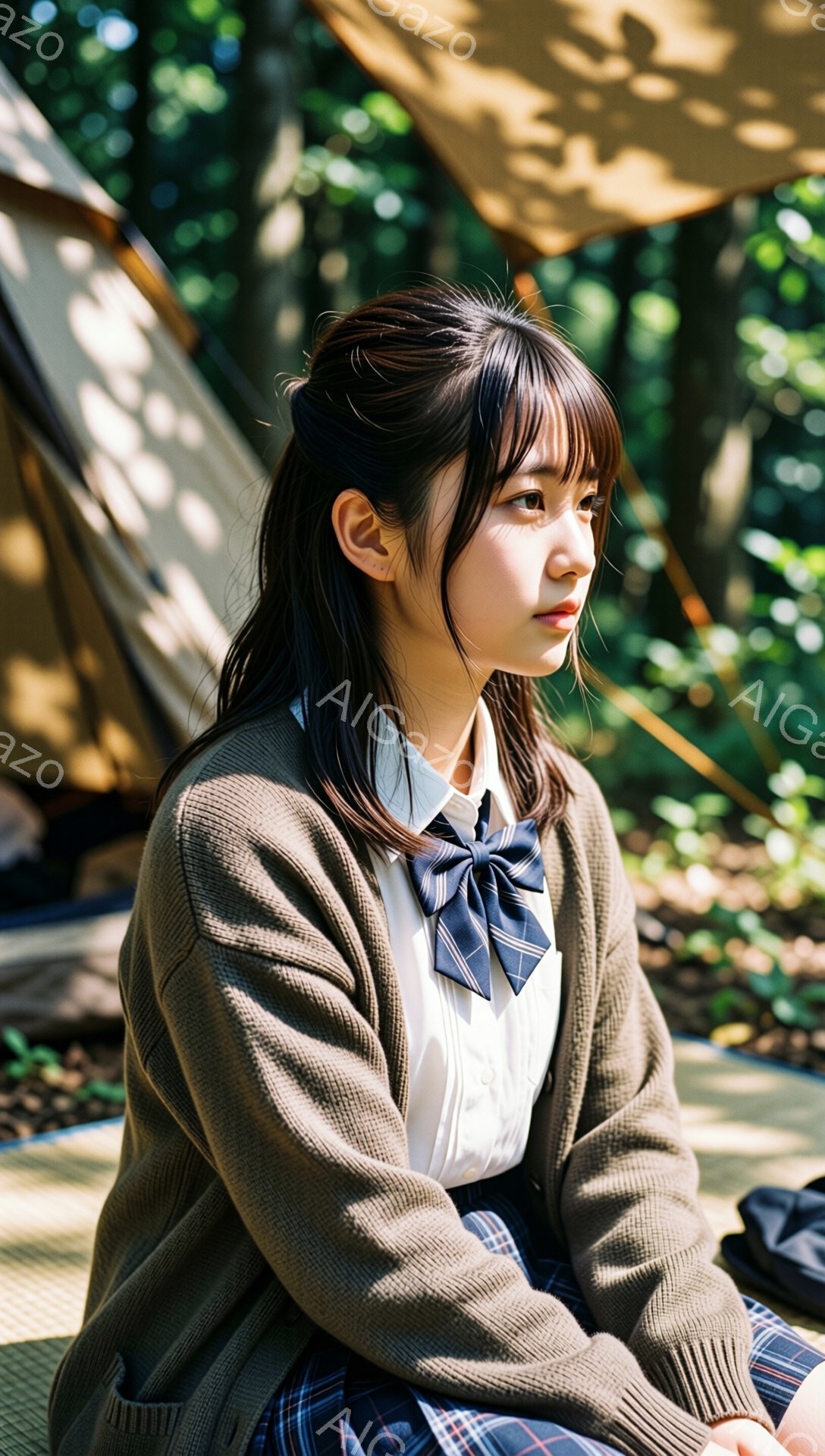 画像には、制服を着た若い女性が写っています。彼女はベージュ色のカーディガン、白いシャツ、チェックのスカートを着用し、髪は前髪を下ろしたハーフアップスタイルです。背景にはテントや木々が見え、自然の中でリラックスした雰囲気が漂っています。