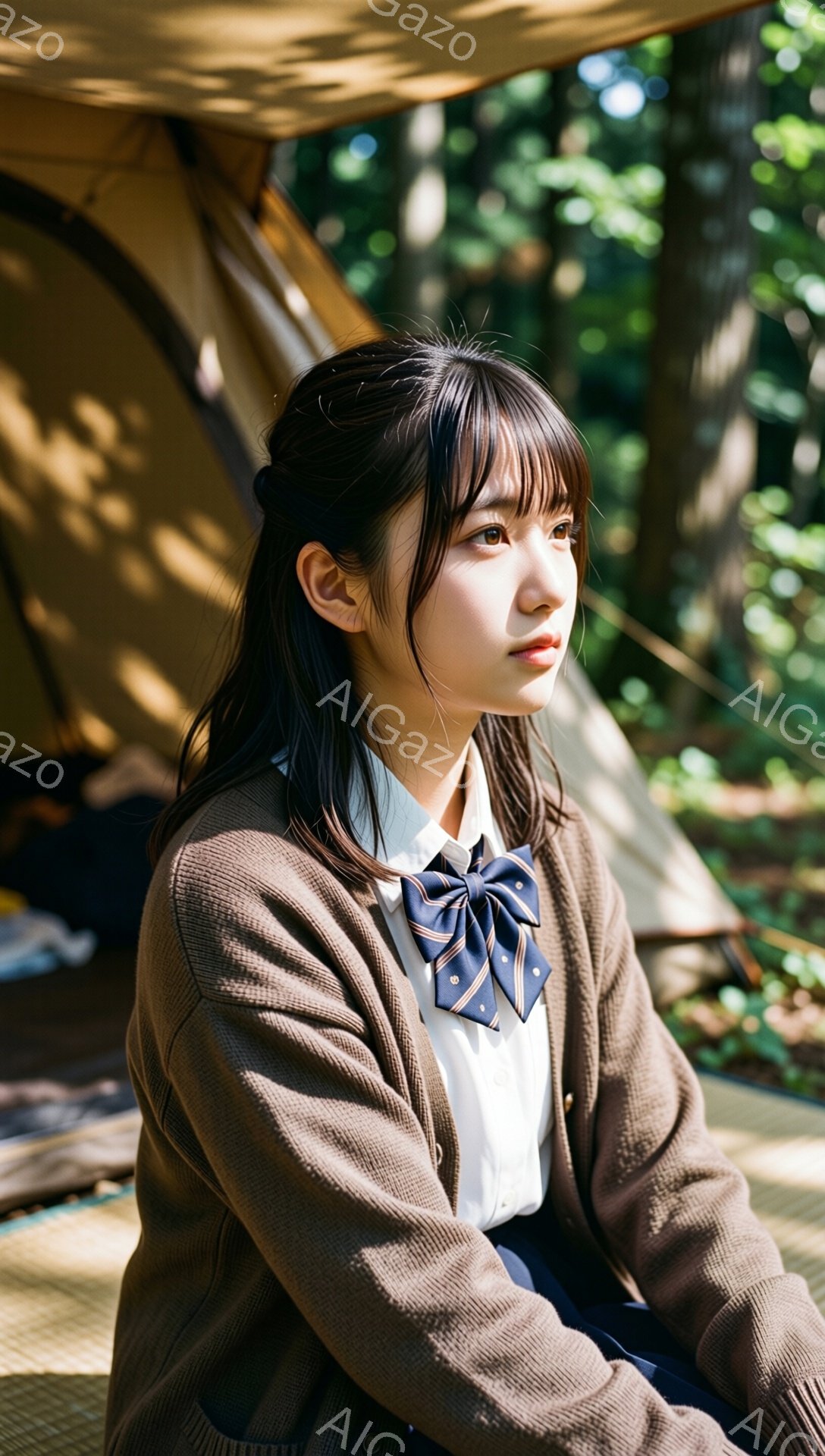 長い前髪とサイドの髪が少し垂れ下がった、黒髪の若い女性が写っている。白いシャツに紺色のリボン、そして茶色のカーディガンを着ており、どこか物憂げな表情で遠くを見つめている。背景にはテントと木々が見え、柔らかい光が差し込み、穏やかで静かな雰囲気を醸し出している。