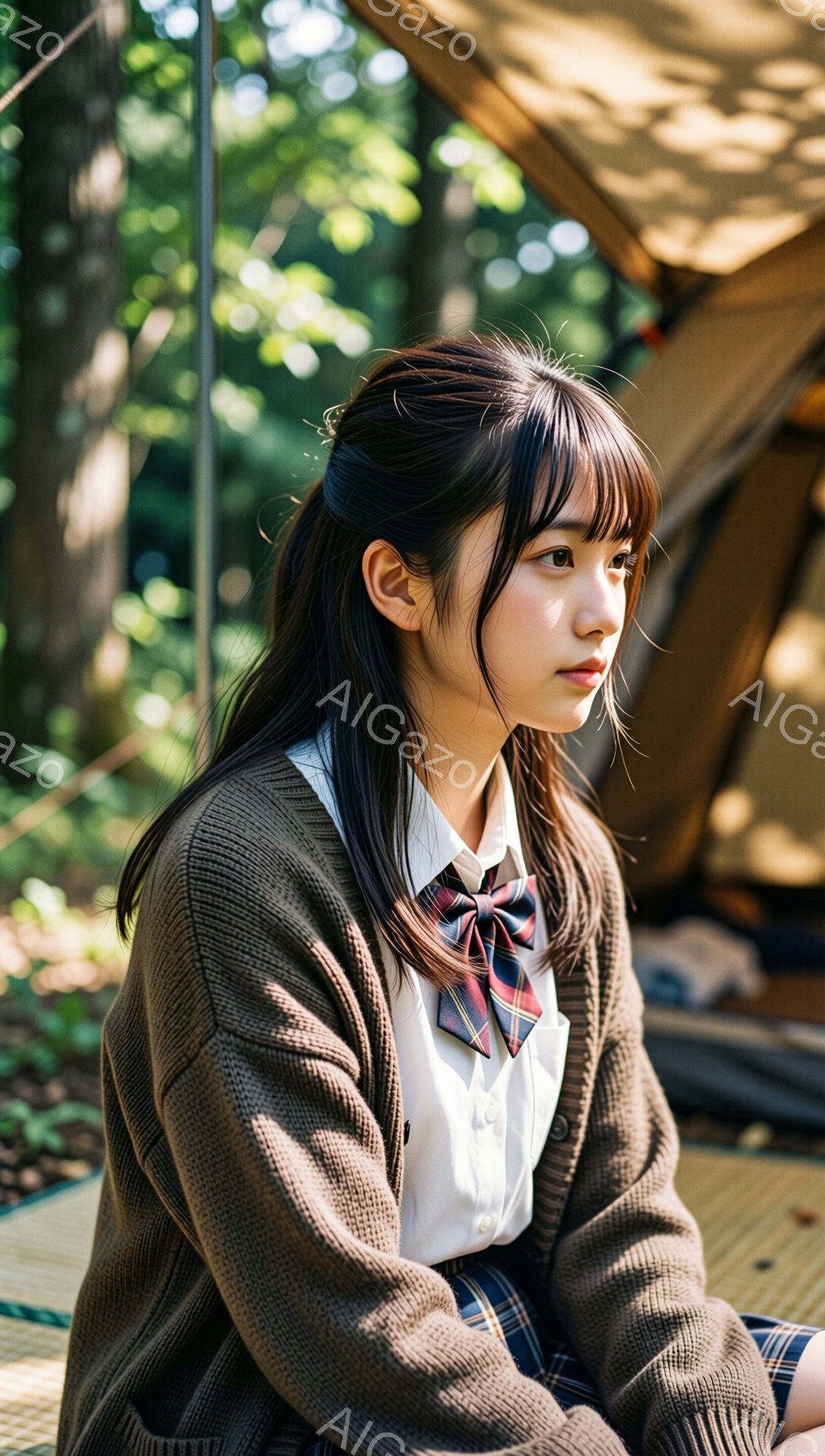 画像には、制服を着た若い女性が写っています。彼女は茶色のカーディガン、白いシャツ、チェック柄のスカートとリボンをつけており、少し上目遣いをして遠くを見つめています。背景にはテントと緑豊かな木々があり、穏やかで自然な雰囲気が漂っています。