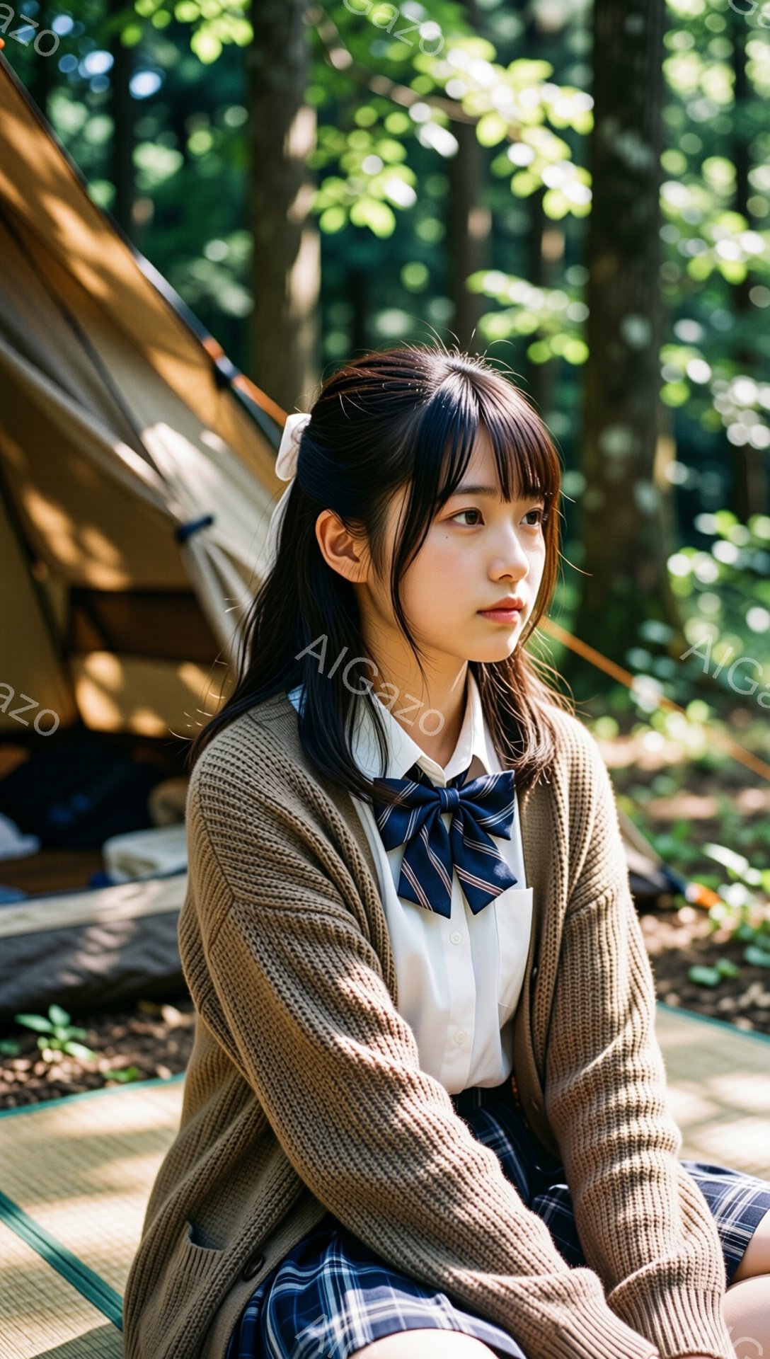 茶色のカーディガン、白いシャツにネイビーのネクタイ、チェック柄のスカートを着た若い女性が描かれています。彼女は横を向き、少し憂いを帯びた表情で遠くを見つめており、髪は前髪を出し、後ろで軽くまとめています。背景にはテントらしきものが見え、緑豊かな自然の中で、どこかノスタルジックで穏やかな雰囲気が漂っています。