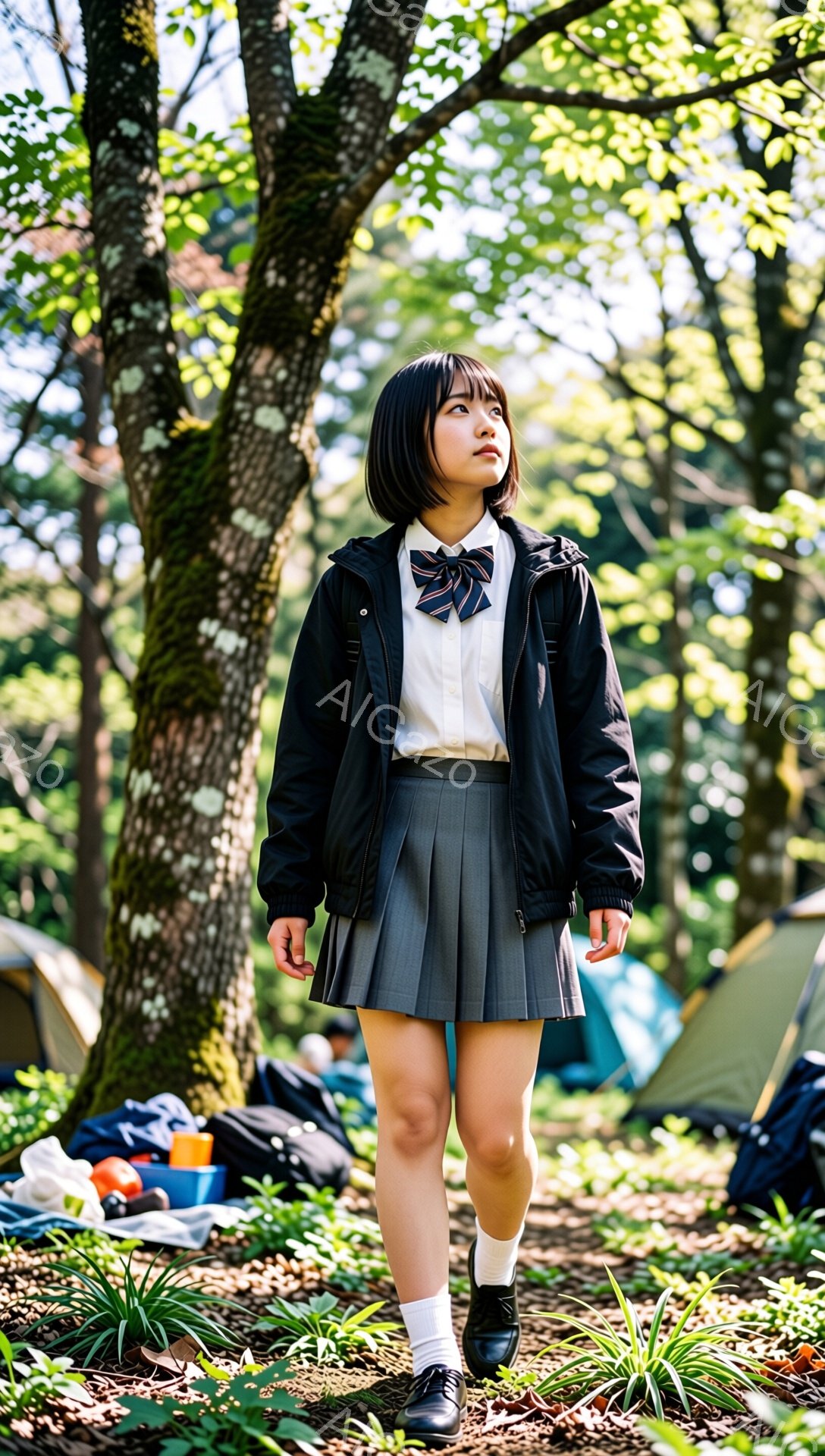 画像は、制服を着た若い女性が、キャンプ場の緑豊かな自然の中に立っている様子を捉えています。彼女は白いシャツにグレーのプリーツスカート、黒いジャケットを羽織り、黒い靴を履いています。彼女は少し上を見上げており、表情は穏やかで、背景にはテントやキャンプ道具が見え、晴れた日の穏やかな雰囲気が漂っています。
