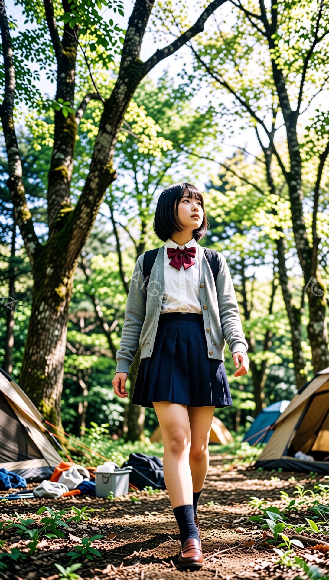 紺色のスカートとセーラー服風のブラウスにグレーのカーディガンを羽織った女子高生が、少し上を見上げて歩いている。彼女は黒髪のショートボブで、赤いリボンをつけており、表情は穏やかでどこか希望に満ちている。背景にはテントやキャンプ用品が見え、木漏れ日の差し込む森林の中という設定で、爽やかで少しノスタルジックな雰囲気が漂っている。