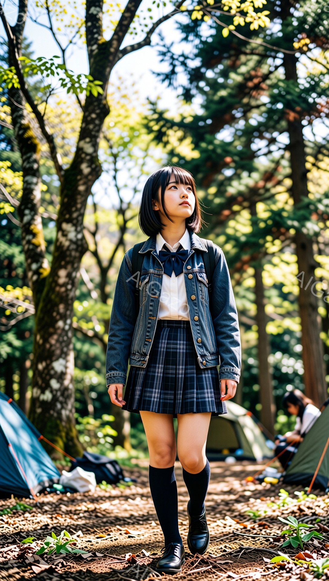 画像には、制服を着た若い女性が写っています。彼女はダークトーンのデニムジャケット、白いシャツ、チェック柄のプリーツスカート、黒いソックス、そして黒い靴を履いています。彼女は少し上目遣いで、何かを見つめているかのように見え、背景にはテントやキャンプ用品が広がる自然の中に立っています。