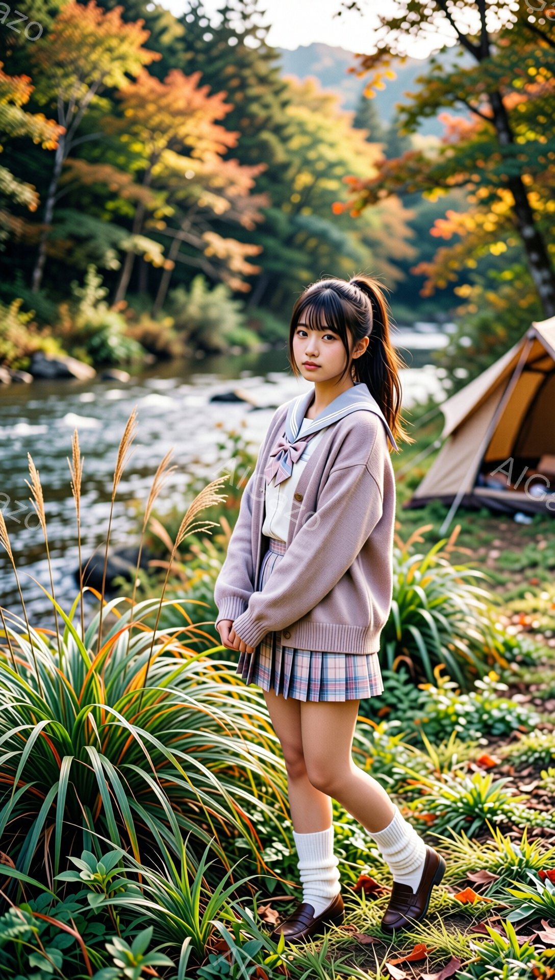 茶色のカーディガン、チェック柄のプリーツスカート、白いソックスと茶色の靴を身につけた若い女性が写っている。彼女は長い黒髪をポニーテールにし、少し微笑んだ表情でカメラを見ている。背景には、川、色とりどりの木々、そしてテントがぼんやりと見え、穏やかで自然豊かな秋の雰囲気を醸し出している。