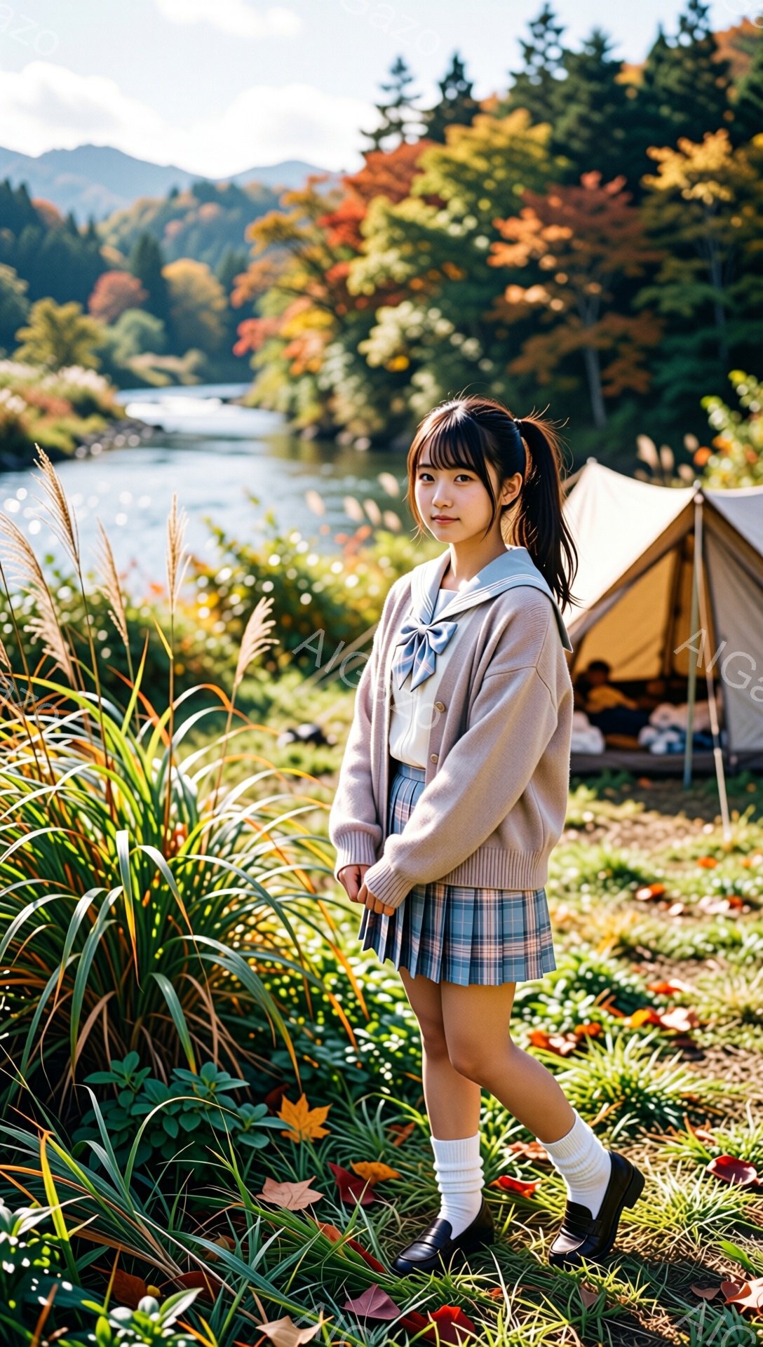 画像には、セーラー服姿の若い女性が写っています。彼女は明るい茶色のカーディガンを着ており、チェック柄のスカートと白いソックス、黒い靴を履いています。背景には、紅葉した木々や湖、そしてキャンプ用のテントが見え、秋の自然の中でリラックスした雰囲気が漂っています。