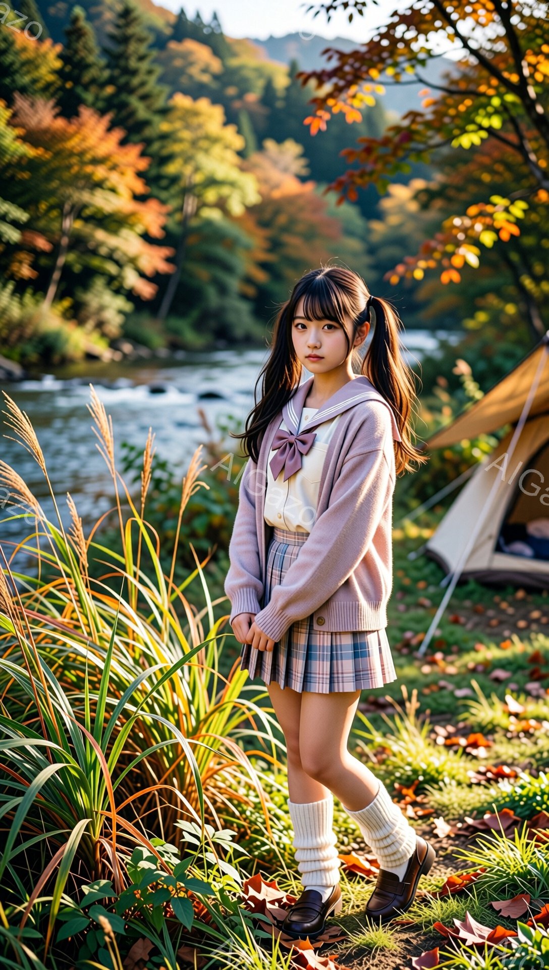 明るい秋の日に、少女がチェック柄のスカートとピンクのカーディガンを着て立っている。彼女は長い髪をツインテールにし、少し恥ずかしそうな表情でカメラを見ている。背景には緑豊かな木々、鮮やかな紅葉、そしてキャンプ用のテントが見え、穏やかで牧歌的な雰囲気が漂っている。