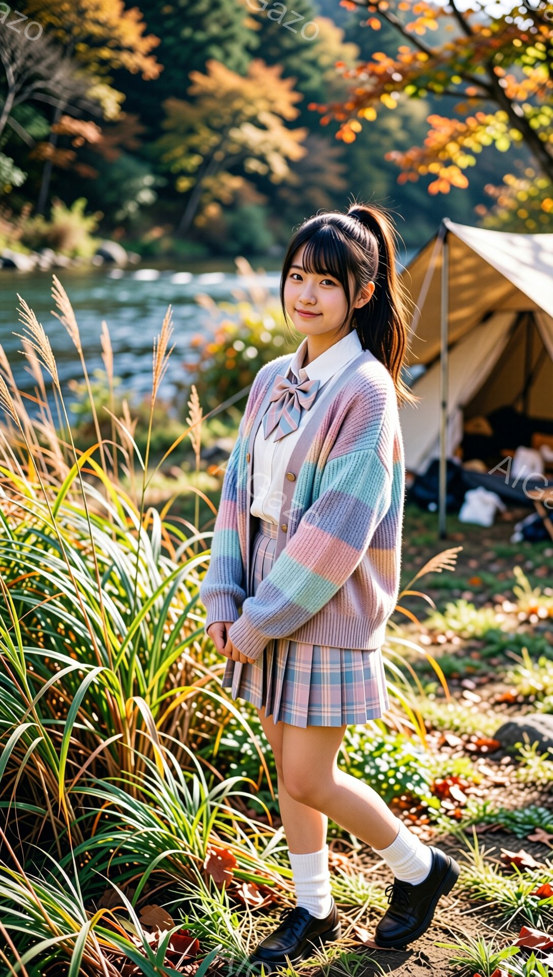 長い黒髪をポニーテールにした若い女性が、ピンク、紫、水色のストライプのカーディガンとチェック柄のスカートを着ています。彼女は白い靴下と黒い革靴を履いており、少し微笑んでカメラを見ています。背景には、紅葉の木々と川が見え、キャンプ用のテントが設置されており、秋の穏やかな自然の中でリラックスした雰囲気を醸し出しています。