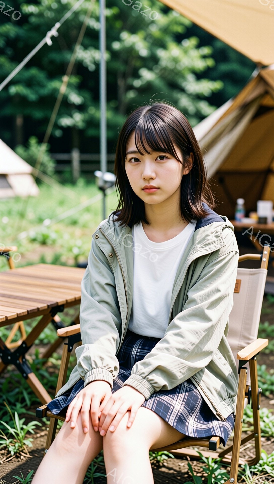 若い女性が、キャンプ場の椅子に座って正面を見つめています。彼女は白いTシャツに、くすんだ緑色のウィンドブレーカー、そしてチェック柄のプリーツスカートを着用しており、前髪を伸ばしたダークブラウンの髪が印象的です。背景にはテントや木々が見え、屋外の穏やかな自然の中でリラックスした雰囲気が漂っています。