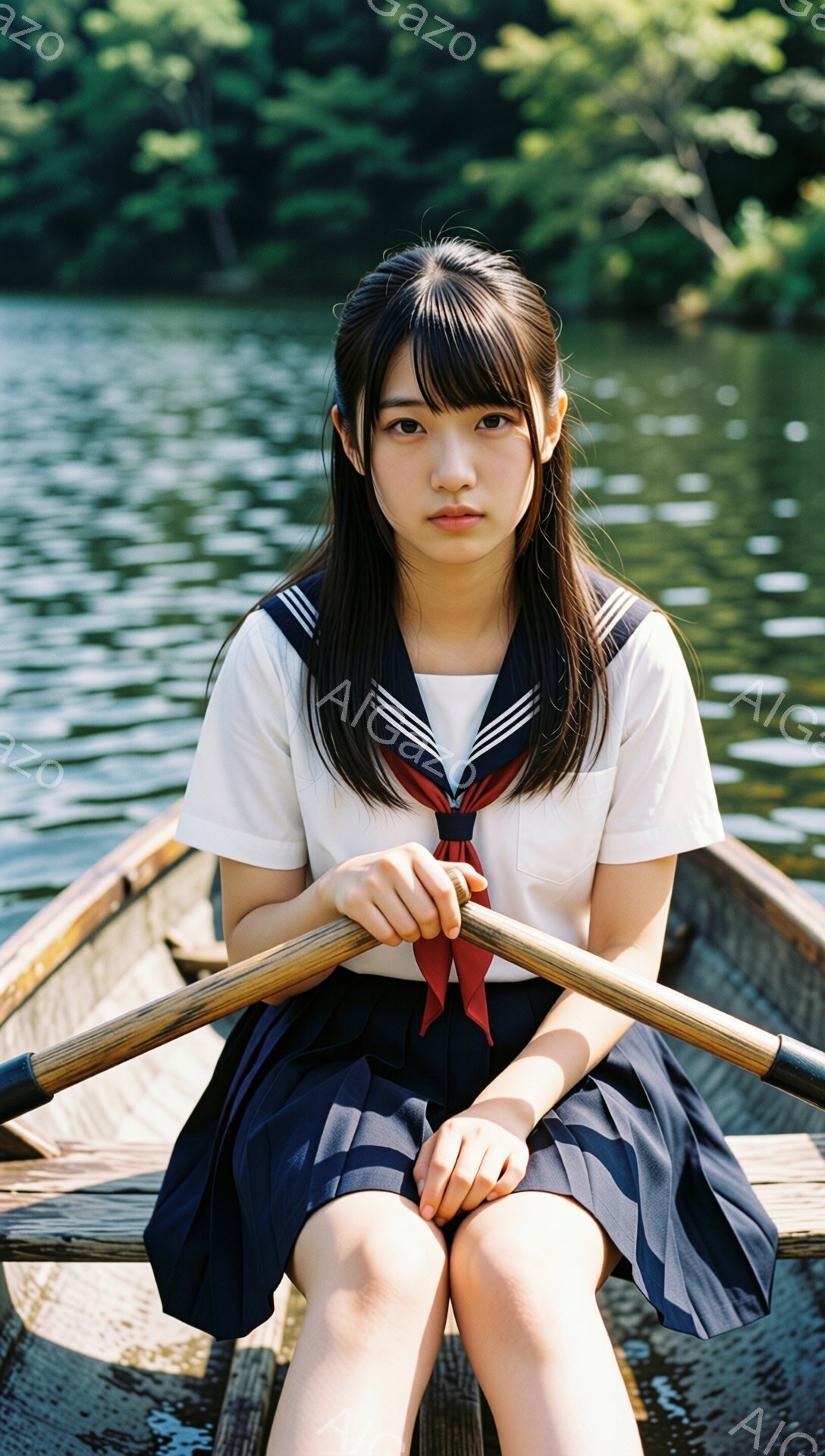 画像は、紺色のセーラー服を着た若い女性がボートの中に座っている様子を捉えています。彼女は黒髪で、前髪は眉毛にかかるように切り揃えられ、表情はやや憂いを帯びています。背景には緑豊かな木々が生い茂り、水面は穏やかで、静かで落ち着いた雰囲気を醸し出しています。