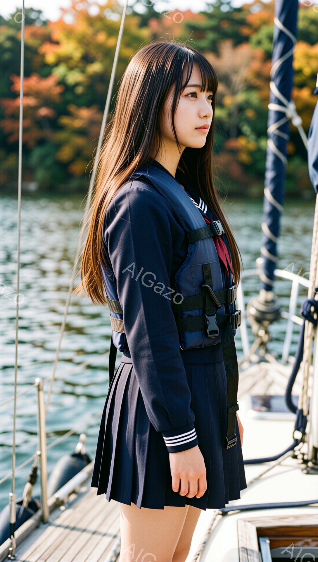 長い黒髪を肩にかける若い女性が、ボートの上でこちらを見ています。紺色のセーラー服とライフジャケットを着用し、少し微笑んでいる様子が窺えます。背景には穏やかな湖と、秋の紅葉が広がっており、穏やかで落ち着いた雰囲気が漂っています。