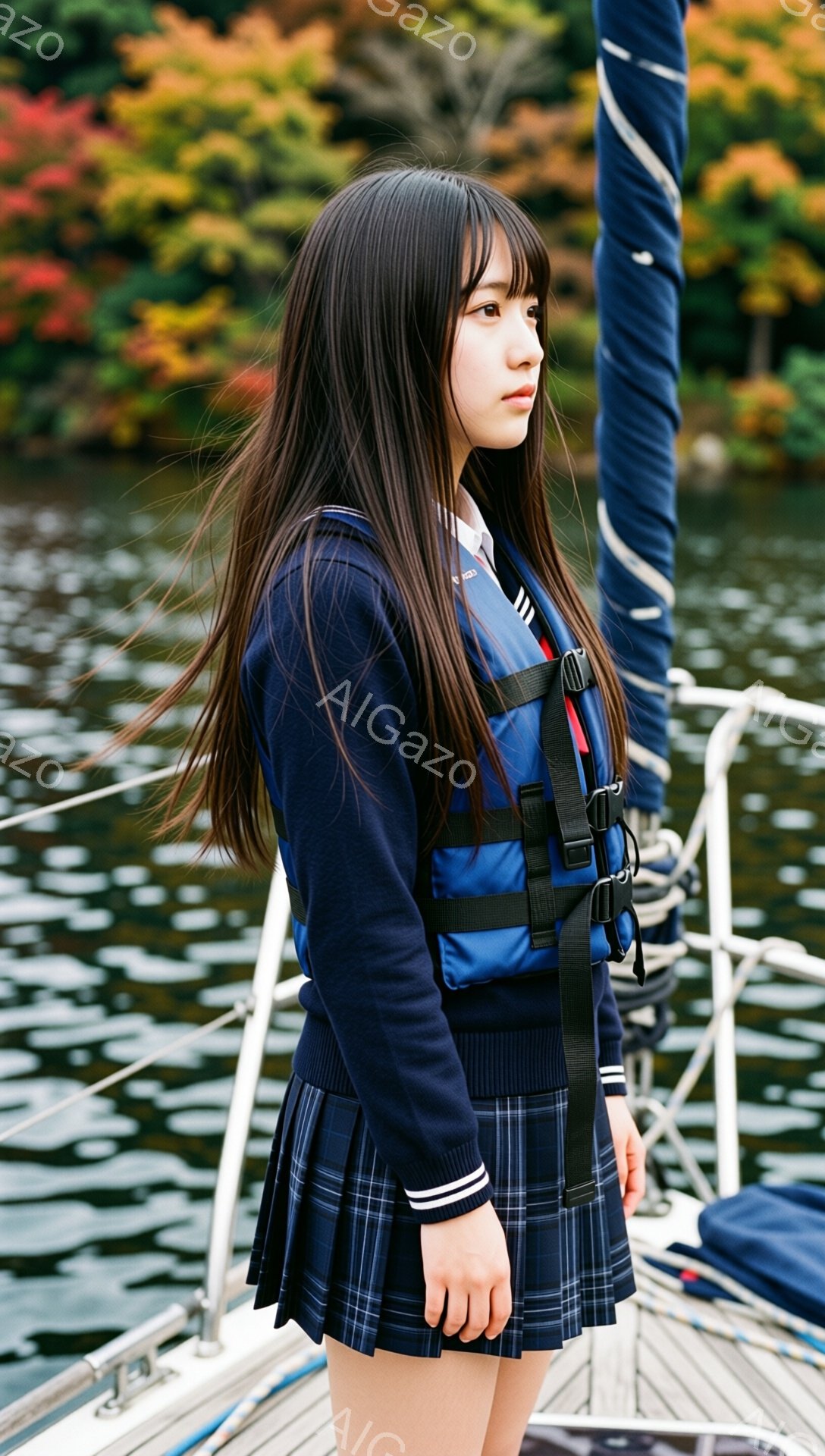 長い黒髪をなびかせ、紺色のセーラー風のトップスとチェックのプリーツスカートを身につけた少女が写っている。彼女はライフジャケットを着用し、少し上目遣いで遠くを見つめている。背景には水面とボートのマスト、そして紅葉した木々が見え、穏やかで秋らしい雰囲気を醸し出している。