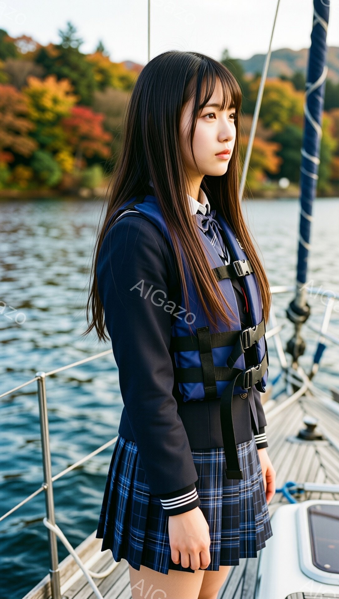 画像には、紺色のセーラー調のジャケットとチェックのプリーツスカートを着た若い女性が写っています。彼女はライフジャケットを着用し、少し憂いを含んだ表情で遠くを見つめており、髪は肩にかかる長さで、前髪がぱっつんとなっています。背景には、穏やかな湖と色とりどりの秋の木々が広がり、ボートのデッキに立っている彼女の姿が、静かで物憂げな雰囲気を醸し出しています。