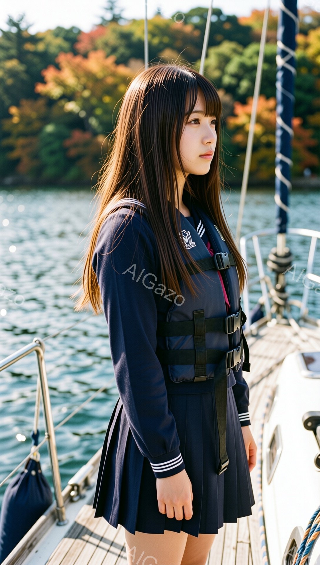 長い黒髪を肩にかける女性が、セーラー服のような紺色の制服と救命胴衣を着て、ヨットの上で立っている。彼女は少し横を向き、遠くを見つめており、表情は穏やかで物憂げだ。背景には水面と、秋の紅葉した木々が見え、爽やかな秋の日の穏やかな雰囲気を醸し出している。