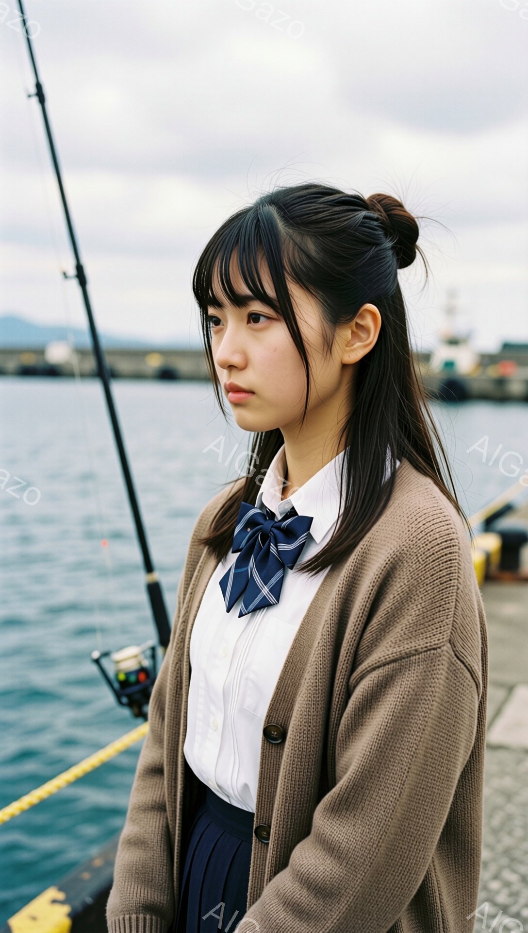 画像には、制服を着た若い女性が写っています。彼女は白いシャツにブルーとグレーのチェック柄のネクタイ、そして茶色のカーディガンを羽織っています。彼女は少し憂いのある表情で、海の方角を見ており、背景には穏やかな海とグレーがかった空が広がっています。