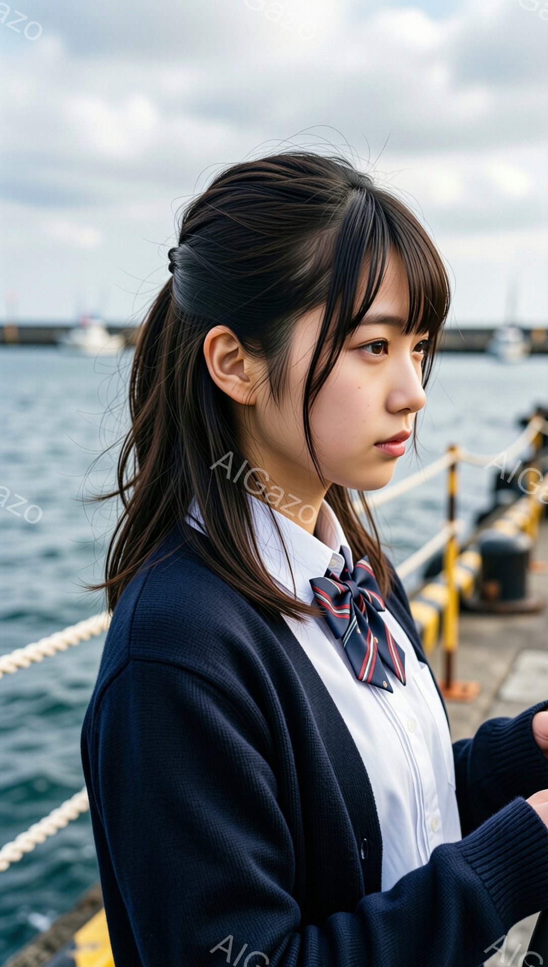 明るい茶髪のロングヘアの女性が、白いシャツにネイビーのカーディガン、そしてチェック柄のネクタイを締めています。彼女は横顔で、少し憂いのある表情で遠くを見つめており、姿勢はまっすぐで落ち着いています。背景には、穏やかな海と白いボートが見え、港の雰囲気が感じられます。