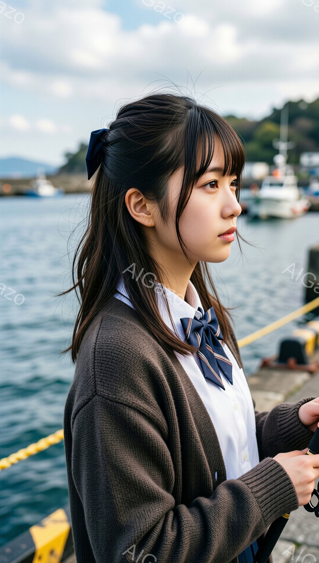 茶髪のロングヘアをハーフアップにした若い女性が、紺色のセーターカーディガンと白いシャツ、ネクタイ姿でこちらを見ています。彼女はわずかに微笑んでおり、横顔が美しく映えています。背景には穏やかな海と白いボートが点在し、晴天の下、港町の風情を感じさせます。