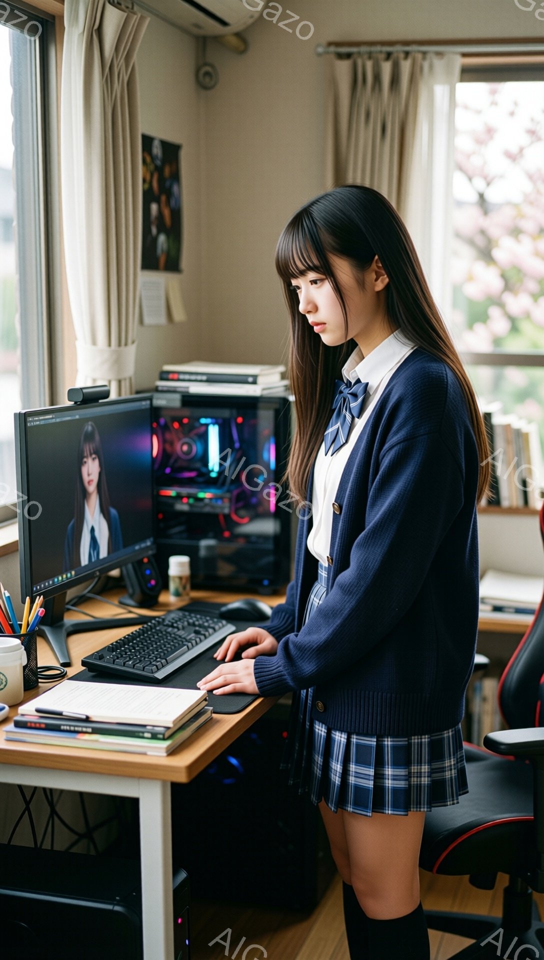 少女は制服を着て、パソコンの前に立っている。紺色のカーディガン、チェック柄のスカート、白いシャツ、リボンタイが特徴的で、長い黒髪は肩まで伸びている。彼女は少しうつむき加減で、集中してキーボードを操作している様子が伺える。