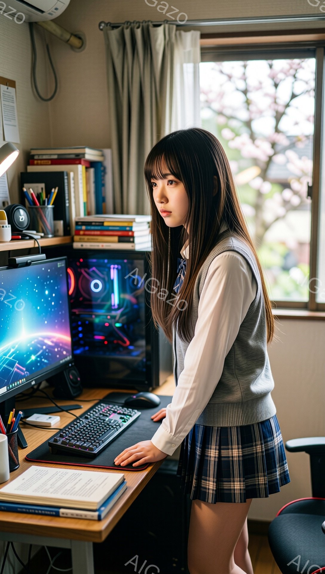 長い黒髪で、前髪は眉毛にかかるように流された若い女性が描かれています。彼女は白のシャツにグレーのベスト、そしてチェック柄のプリーツスカートを着用し、コンピューターデスクの前で少し緊張した表情で立っています。背景には本棚や窓から見える木々が見え、室内は明るく、勉強や作業に適した雰囲気です。