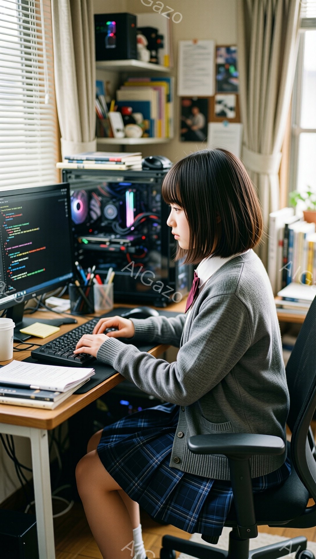 茶色の短い髪をした若い女性が、コンピューターの前で座ってタイピングしています。彼女はグレーのセーターとチェック柄のスカートを着ており、集中して画面を見つめています。背景には本棚やコンピューター、植物などがあり、学習や仕事のための部屋であることがわかります。