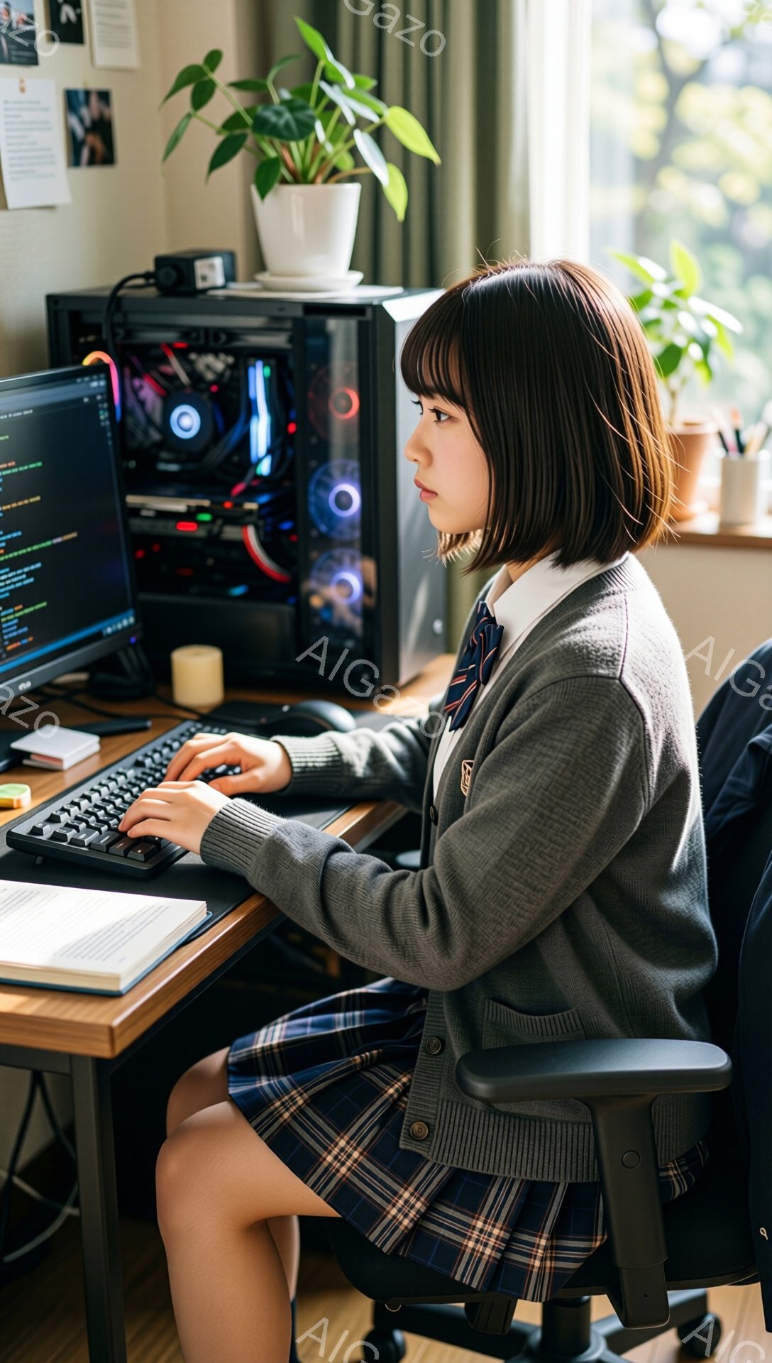 画像には、制服を着た若い女性がコンピュータに向かって座っている様子が写っています。彼女はグレーのカーディガン、チェック柄のスカート、そしてダークブラウンのショートヘアで、集中した表情でキーボードを操作しています。背景には、植物、PCタワー、そして明るい自然光が差し込む窓が見え、自宅の書斎のような空間であることがわかります。