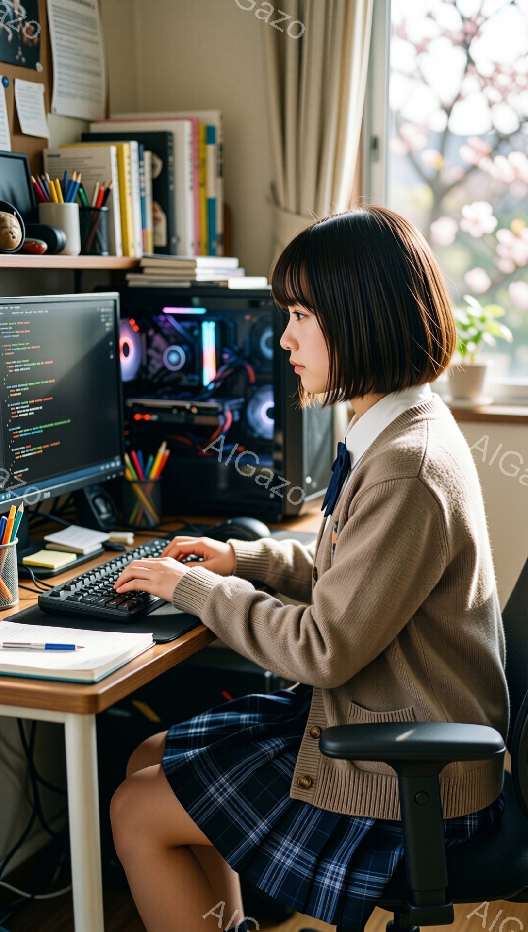 茶髪のショートヘアの女性が、ベージュのカーディガンとチェック柄のスカートを着て、パソコンに向かってタイピングしている。彼女は少し前かがみの姿勢で、集中した表情で画面を見つめている。背景には本棚や植物、そして窓から見える桜並木があり、明るく穏やかな雰囲気である。