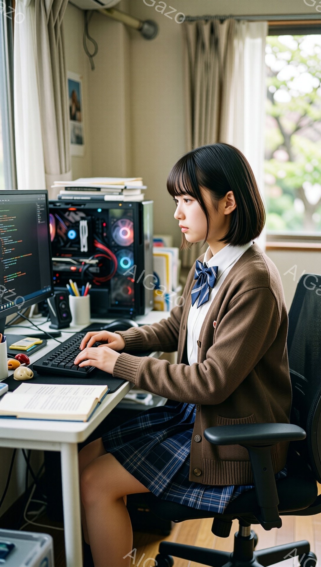 茶髪のショートヘアの女性が、カーディガンとチェックのスカートの制服を着て、パソコンに向かってキーボードを操作している。彼女は集中した表情で、やや前かがみの姿勢で座っており、背後にはデスクトップパソコン - AI生成フリー素材