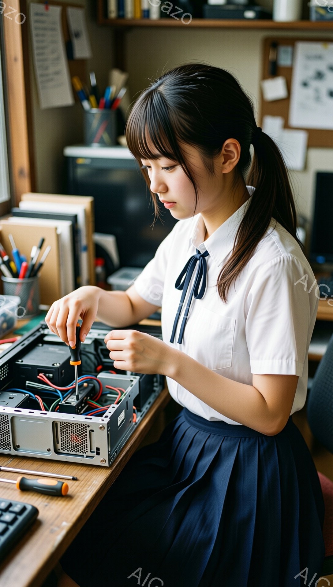 明るい室内で、制服を着た女子高生がパソコンのケースを開けて修理をしている様子が写っている。彼女は長い黒髪を後ろで一つに結い、集中した表情でドライバーを使ってケースのネジを外している。背景には、本棚やパソコン、文房具などが写り、勉強机で作業をしている家庭的な雰囲気が感じられる。