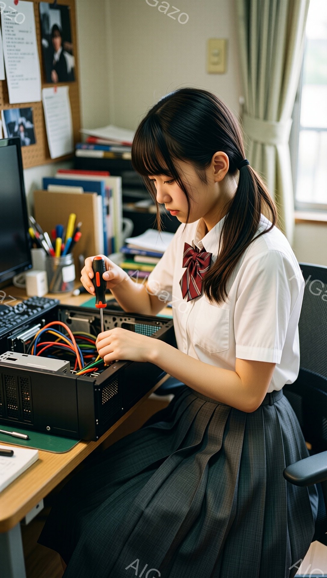 制服を着た若い女性が、パソコンのケースを開けて配線作業をしている様子が写っています。彼女は黒髪をハーフアップにしており、集中した表情でドライバーを使って慎重に作業を進めています。背景には机の上にはペンや書類が散らばっており、生活感のある部屋でパソコンを分解している様子から、趣味でパソコンを自作しているような雰囲気が伺えます。