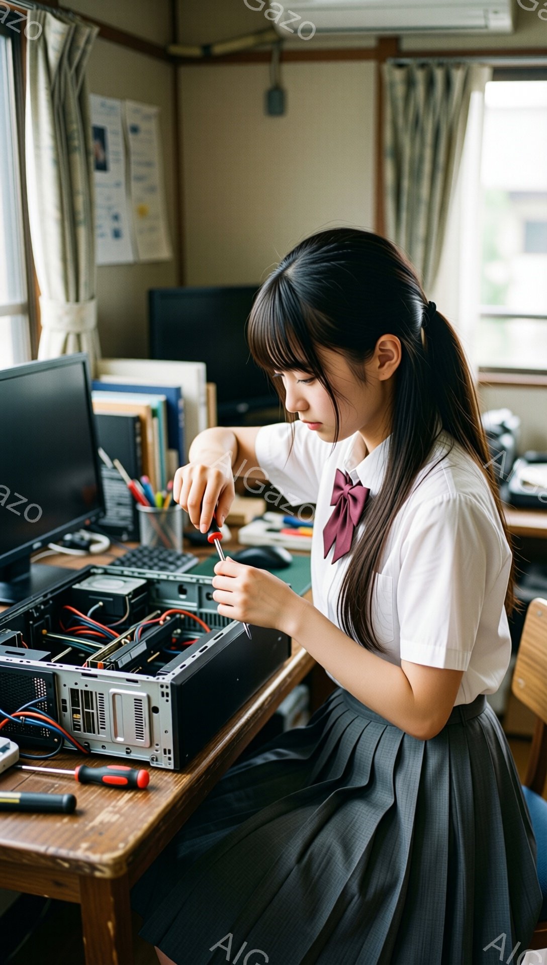 制服姿の少女がパソコンのケースを開けて修理をしている様子が写っている。彼女は白いシャツにグレーのスカート、赤いリボンを着用し、髪を後ろで一つにまとめている。背景には緑が見える窓と、本や工具が置かれた机があり、集中して作業に取り組んでいる様子がうかがえる。