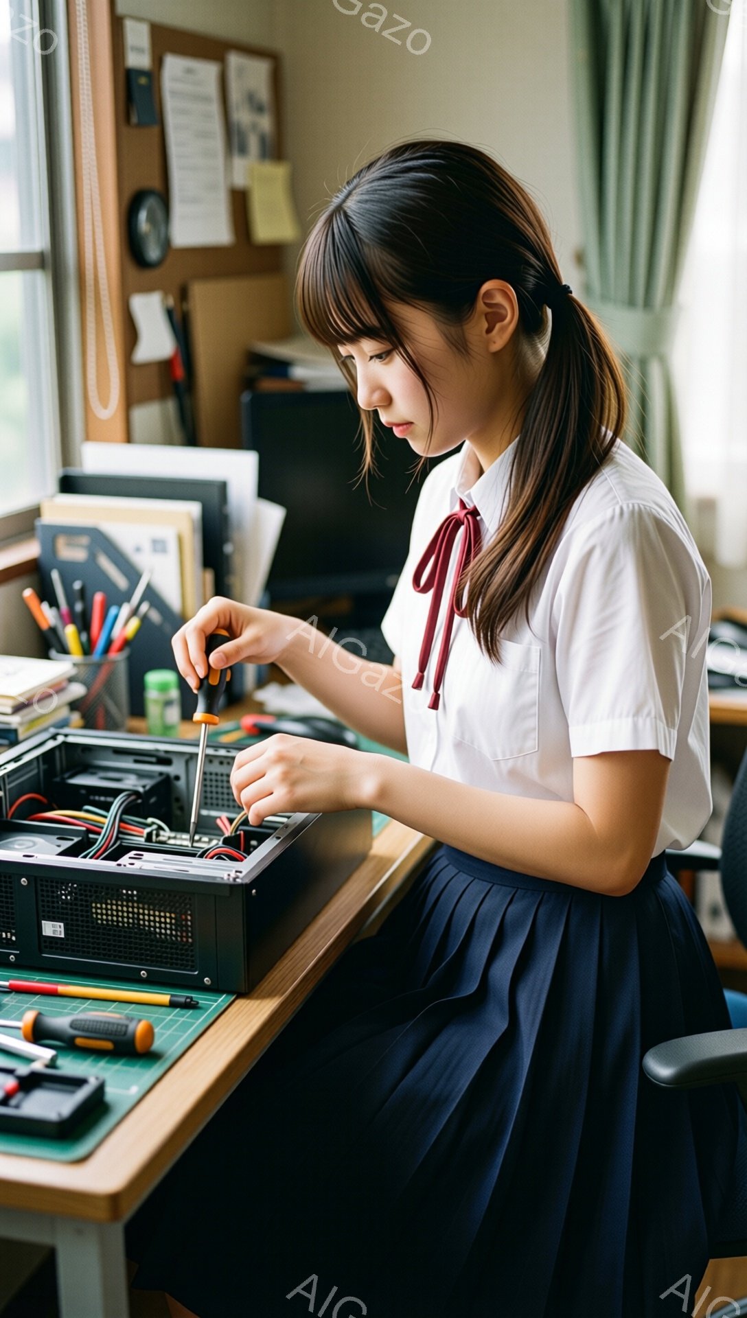 制服姿の女子学生が、パソコンのケースを開けて内部の配線を調整している。彼女は黒髪をハーフアップにしており、少し眉間にしわを寄せながら集中して作業に取り組んでいる。背景には、文房具やパソコン、そして薄明るい部屋の様子が見え、学習に励む落ち着いた雰囲気が漂っている。