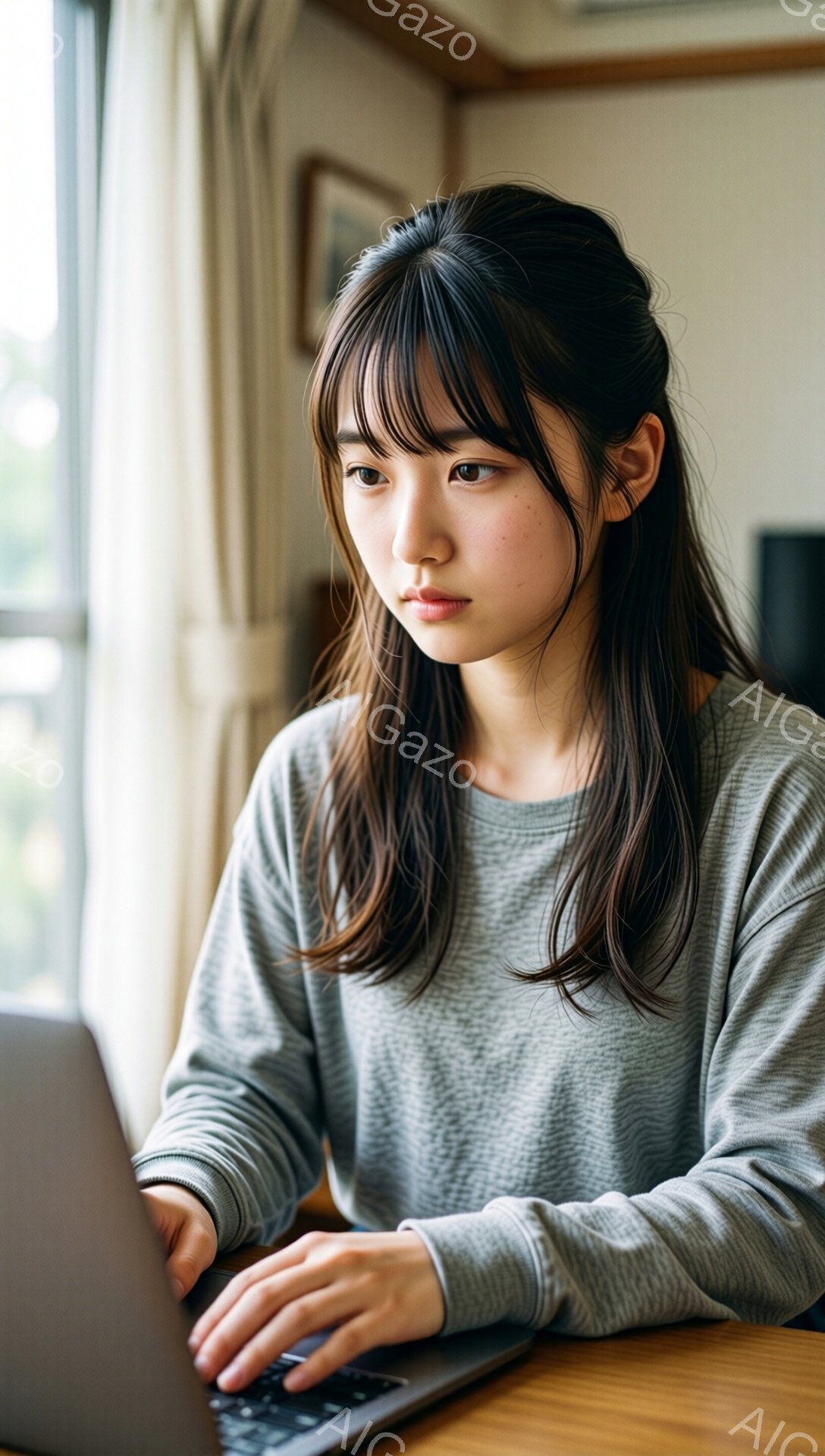 黒髪の女性がノートパソコンに向かってキーボードを操作している。彼女はグレーの長袖セーターを着ており、前髪が少し長めのヘアスタイルで、集中した表情をしている。背景には木製のテーブルと窓があり、明るい自然光が差し込んでいる。