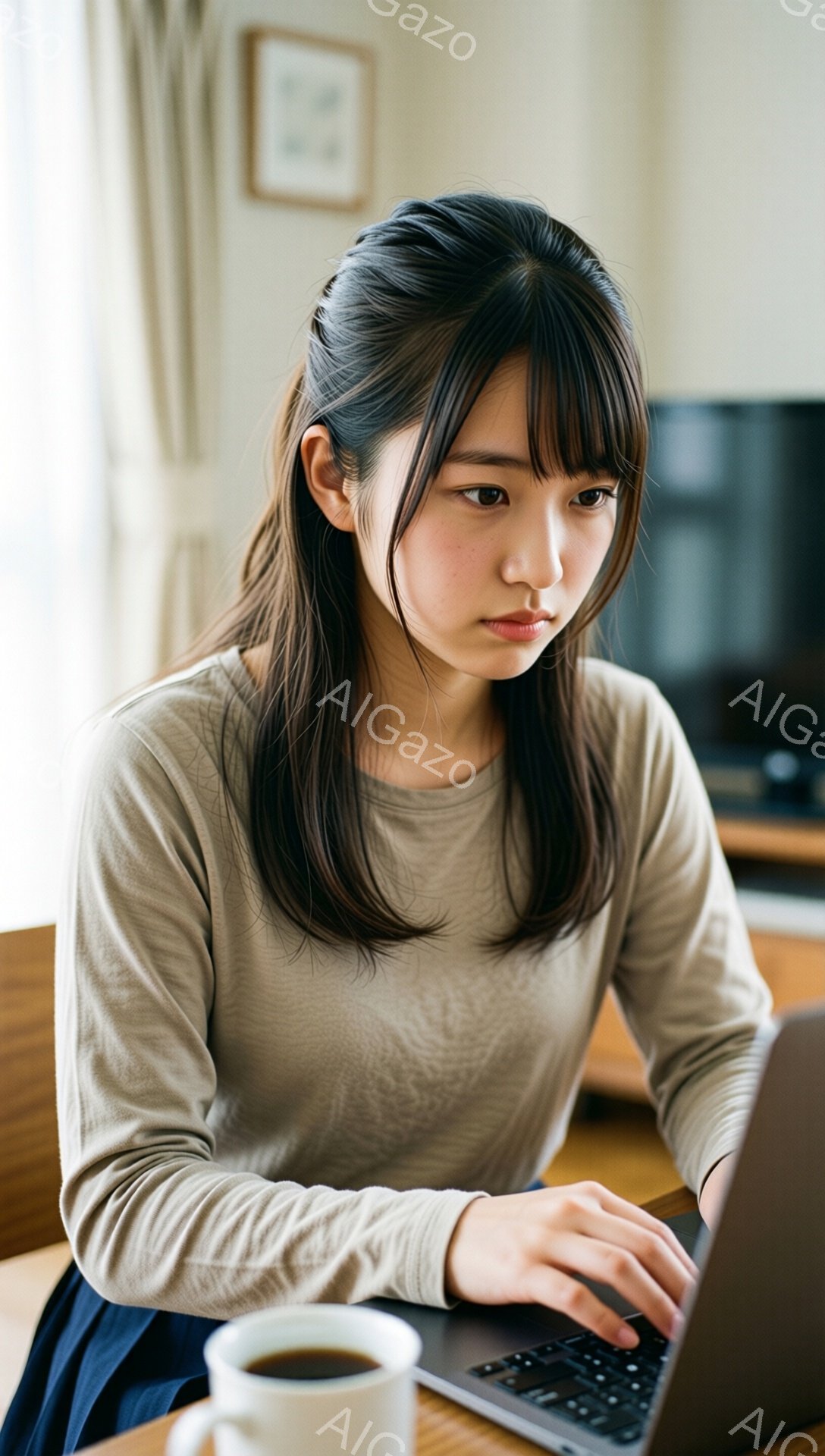 長い黒髪を肩にかける女性が、ベージュ色の長袖シャツと濃い青色のスカートを着ています。彼女は真剣な表情でノートパソコンのキーボードを見つめており、姿勢はやや前かがみです。背景には木製のテーブル、白い壁、そして暖色系の絵画がぼんやりと見え、落ち着いた家庭的な雰囲気が漂っています。