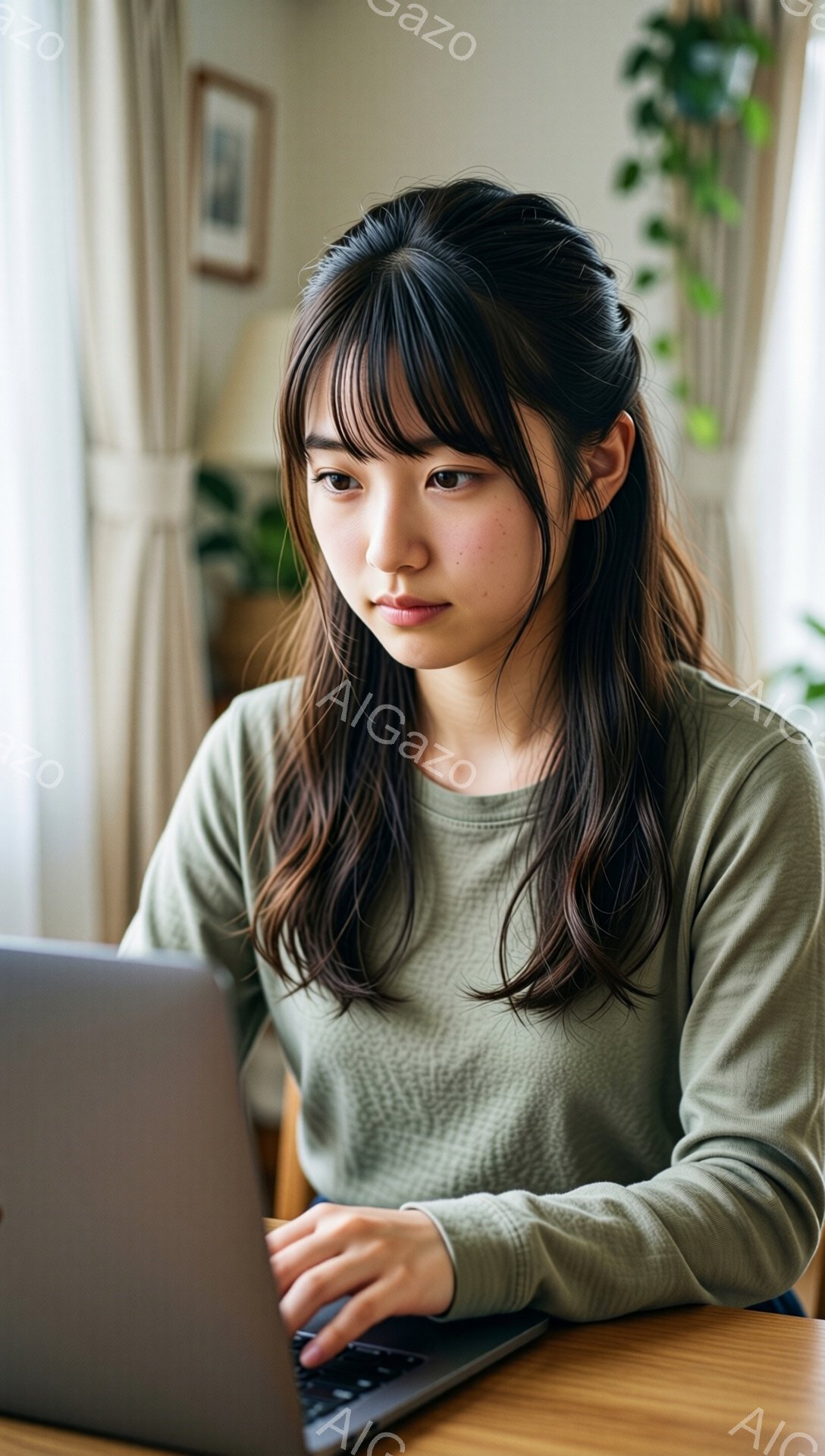 若い女性がノートパソコンに向かって座っており、集中した表情でタイピングをしている。彼女はオリーブグリーンの長袖シャツを着ており、ダークブラウンのロングヘアを肩にかけたスタイルをしている。背景には、木製のテーブルと窓から差し込む自然光が見え、部屋全体が落ち着いた雰囲気である。