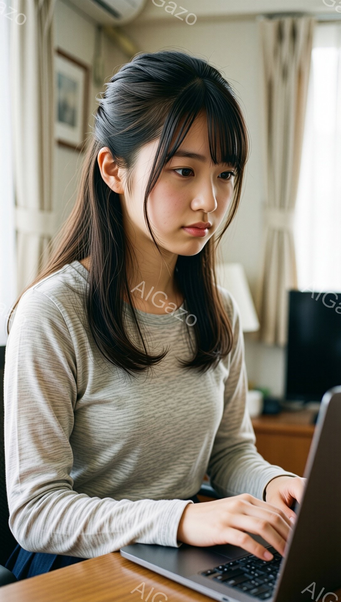 若い女性がノートパソコンを使用しています。彼女はベージュ色の長袖シャツを着ており、長い黒髪は肩にかかるように自然に垂れ下がっています。彼女は集中した表情でキーボードを見つめ、真剣な姿勢で作業に取り組んでいるようです。