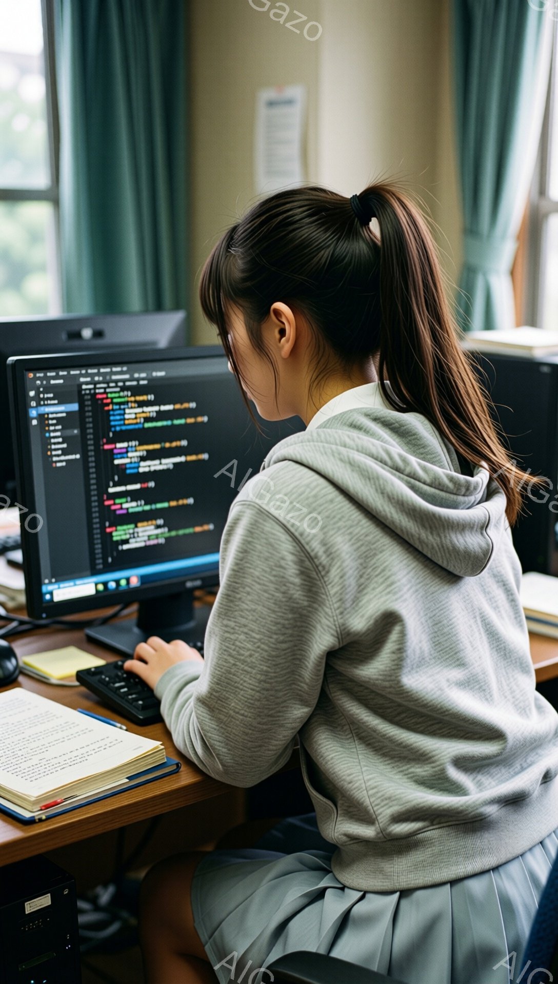長い髪を後ろで一つに結んだ女性が、パソコンに向かってプログラミングをしている様子が写っている。グレーのパーカーとスカートを身に着け、集中してキーボードを操作している姿勢から、真剣に取り組んでいることが伝わる。背景には木製の机、ノート、そして緑色のカーテンが見え、落ち着いた雰囲気の部屋で作業していることがわかる。
