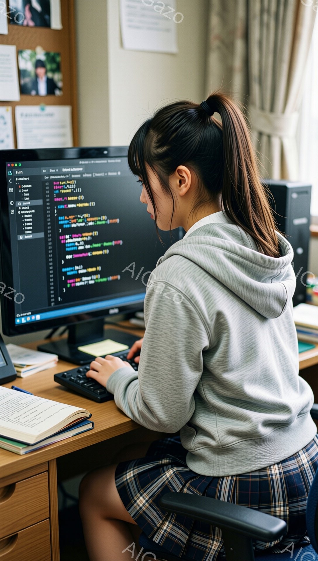 画像には、コンピューターの前に座ってプログラミングをしている若い女性が写っています。彼女はグレーのパーカーとプリーツスカートを身に着け、髪を後ろで一つにまとめています。背景には本棚や机があり、勉強室のような落ち着いた雰囲気です。