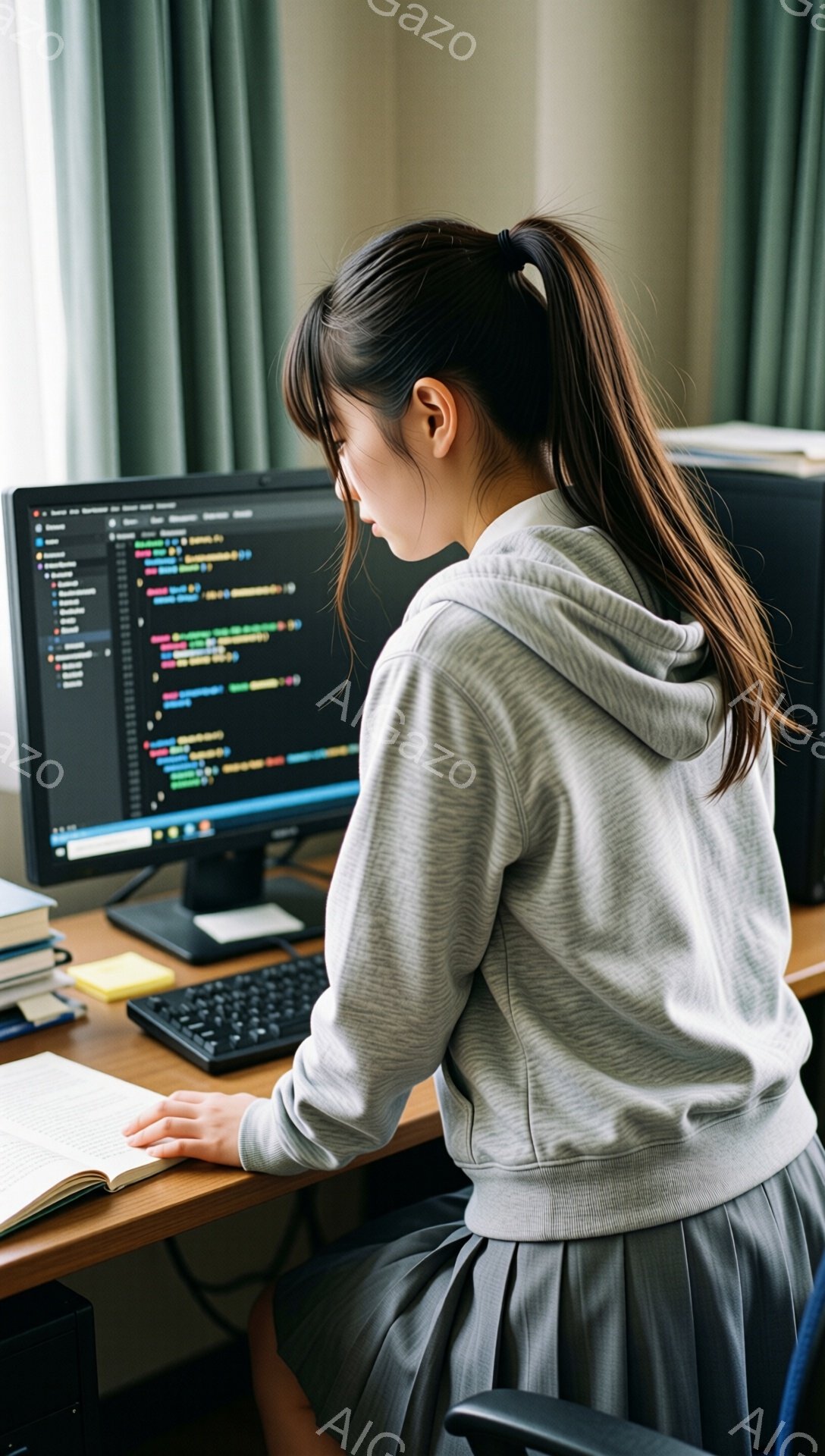 長い髪を後ろで一つにまとめた女性が、パソコンに向かって何かを調べている様子が写っています。グレーのパーカーとプリーツスカートを身につけ、集中した表情でキーボードを操作し、近くには参考資料と思われる本が置かれています。背景には緑色のカーテンと本棚が見え、落ち着いた室内で学習や作業に没頭している雰囲気です。