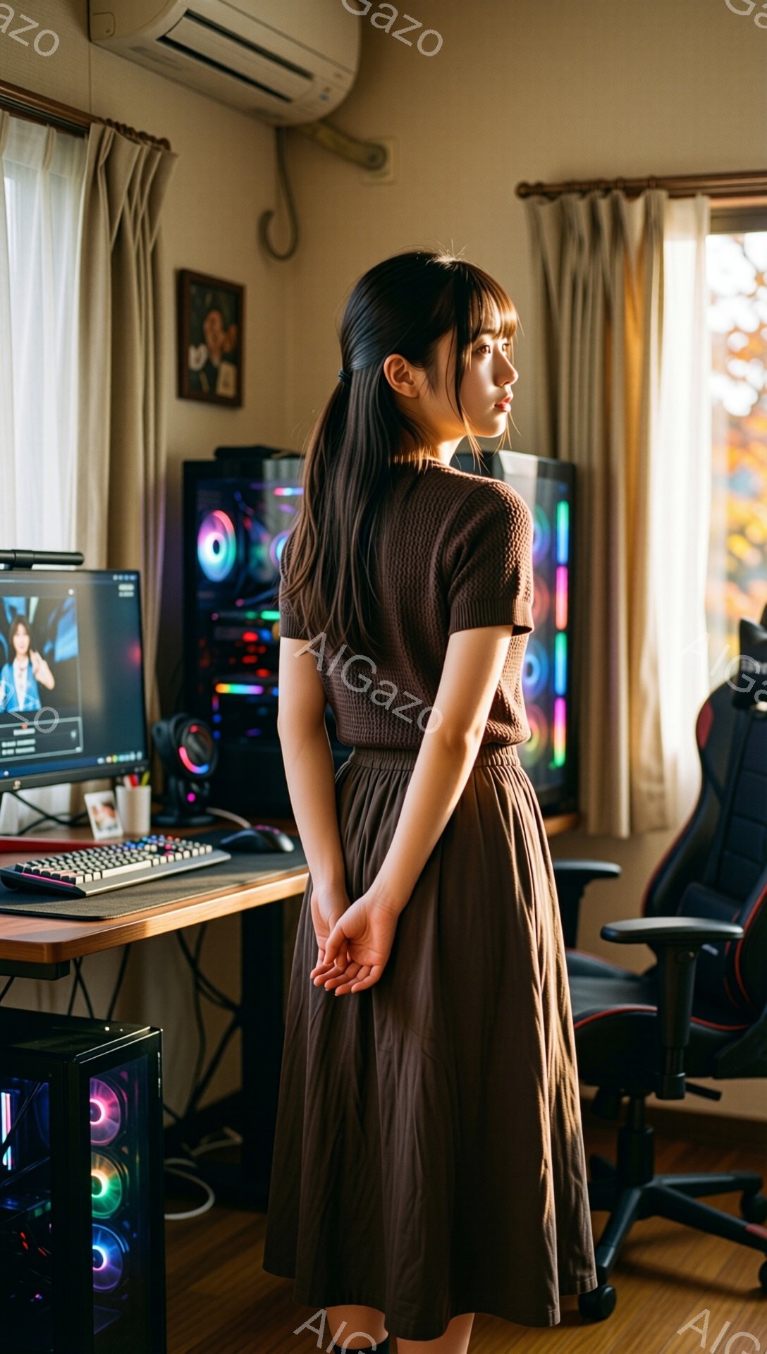 茶色のニットセーターと茶色のフレアスカートを身につけた女性が、背中を向けて立っている。彼女は髪をハーフアップにしており、リラックスした雰囲気で、PCとゲーミングチェアが並んだ部屋にいる。背景には暖色系の照明が灯ったPCケースや、窓からの自然光が見え、落ち着いた空間を作り出している。