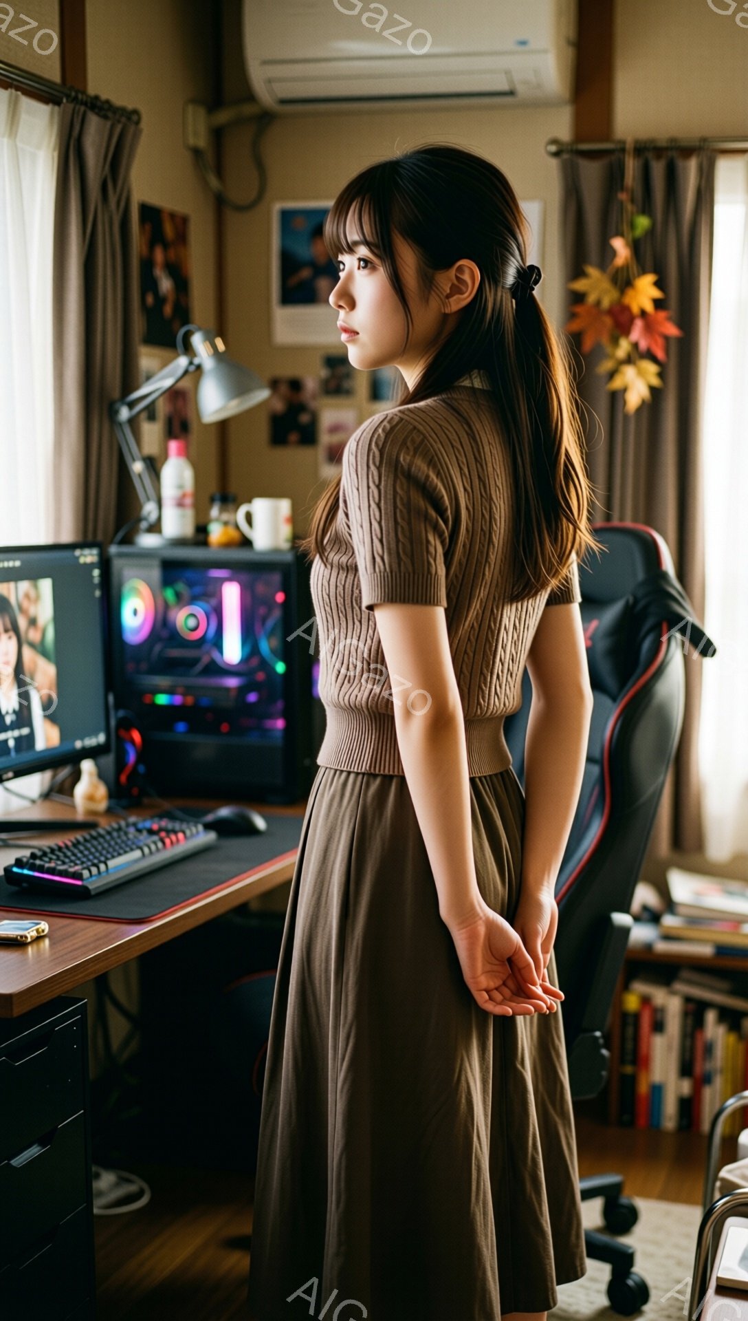 茶色のニットトップスとフレアスカートを身につけた女性が、背中を向けて立っています。髪は後ろで一つにまとめられ、落ち着いた表情で何かを考えているようです。背景には、ゲーミングPCや本棚、そして暖色系の照明が配置され、リラックスした雰囲気の書斎またはゲームルームが広がっています。