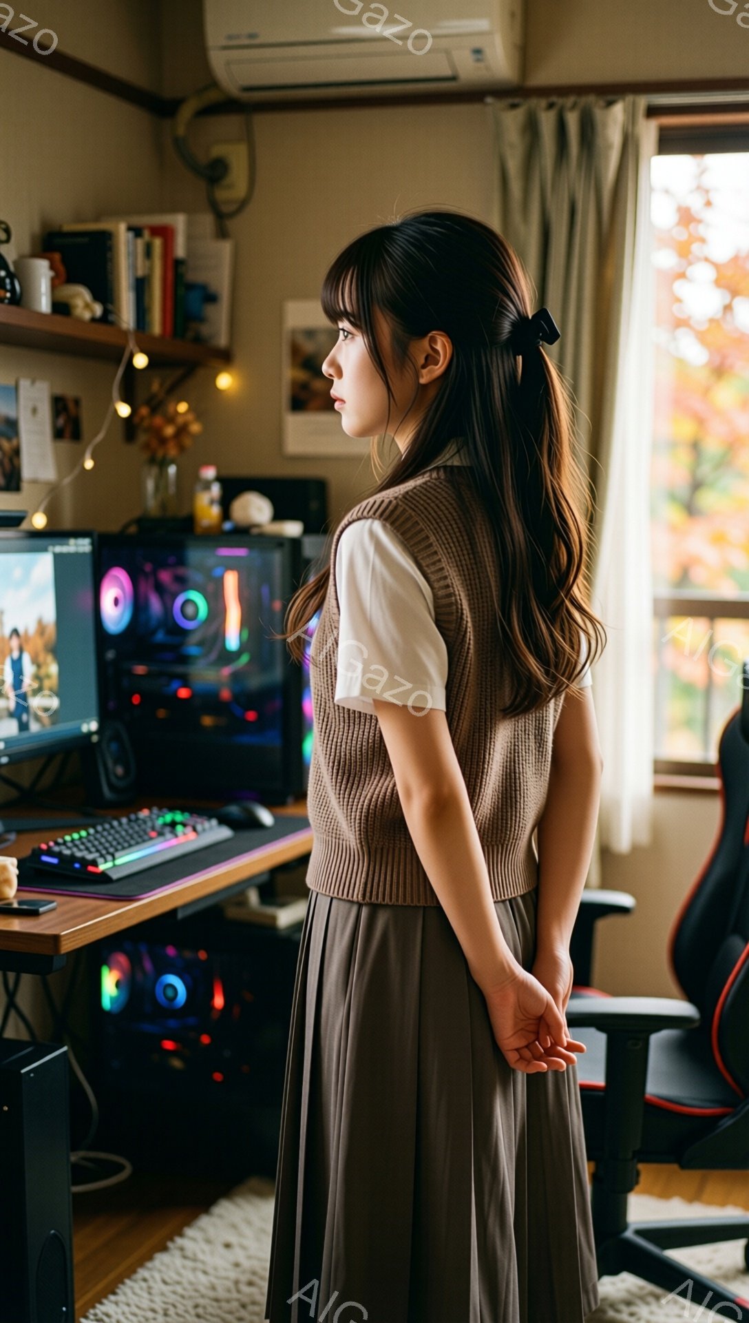 若い女性が、ベージュのニットベストと茶色のプリーツスカートを着て、背を向けて立っています。彼女は髪をポニーテールにし、横顔をわずかに見せています。背景にはゲーミングPCやモニター、本棚などがあり、室内でリラックスした雰囲気が漂っています。