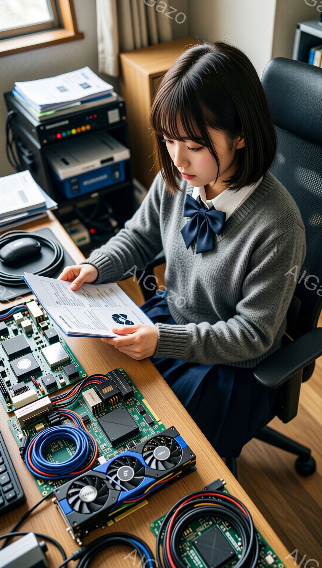 茶髪のショートヘアで、紺色のリボンをつけた女子高生が、グレーのセーターを着て、コンピューターのパーツを取り扱う作業をしている。彼女は少し眉間にしわを寄せ、集中した表情でマニュアルを見下ろしている。背景には、サーバーのような機器や配線が広がり、技術系の研究室のような雰囲気である。