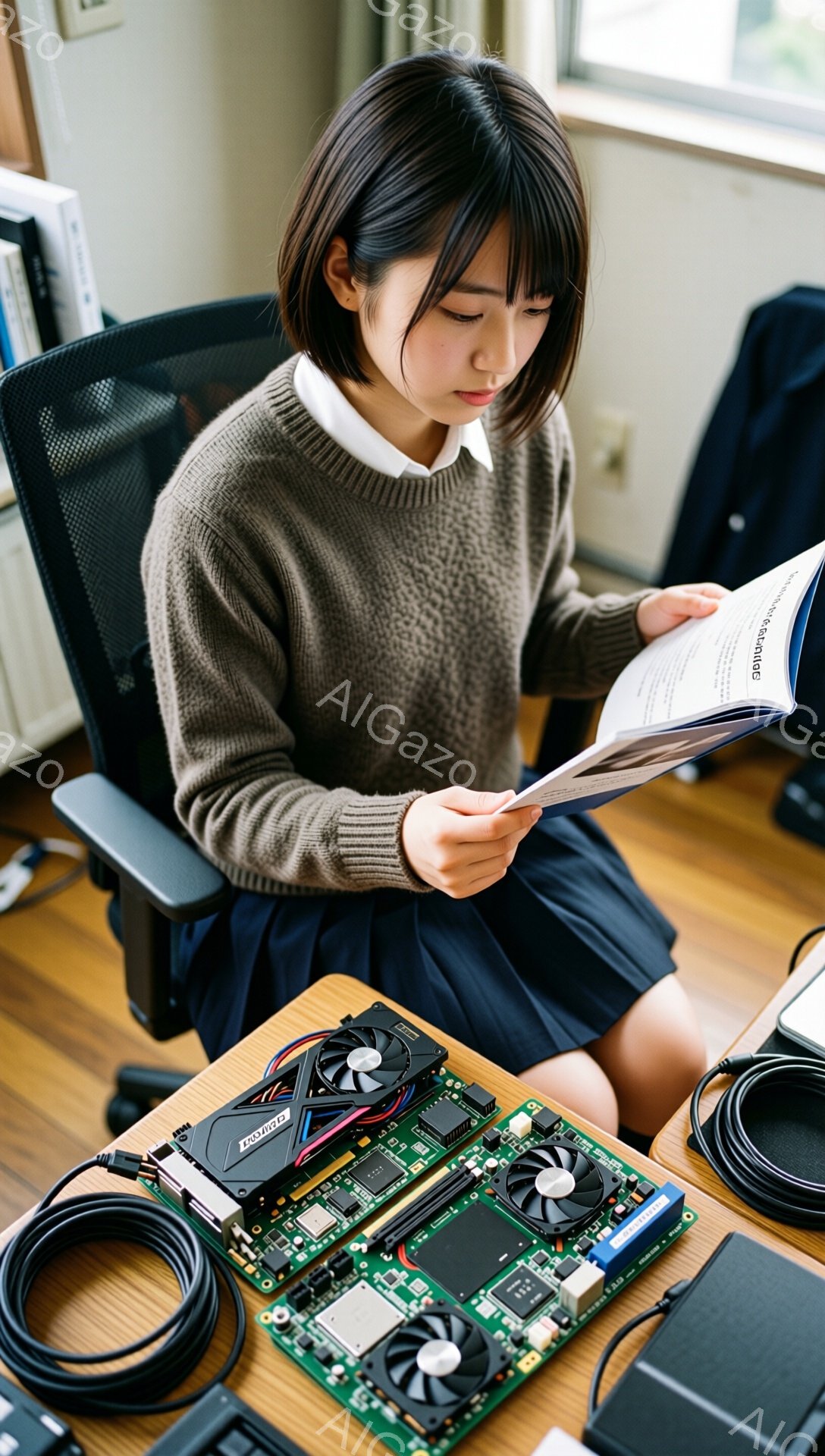 若い女性が椅子に座り、膝の上で本または書類を読んでいます。彼女はセーターとプリーツスカートを着ており、短くダークブラウンの髪型をしています。周囲には、コンピューターの基板やケーブルが散らばっており、研究や開発を行っているような雰囲気です。
