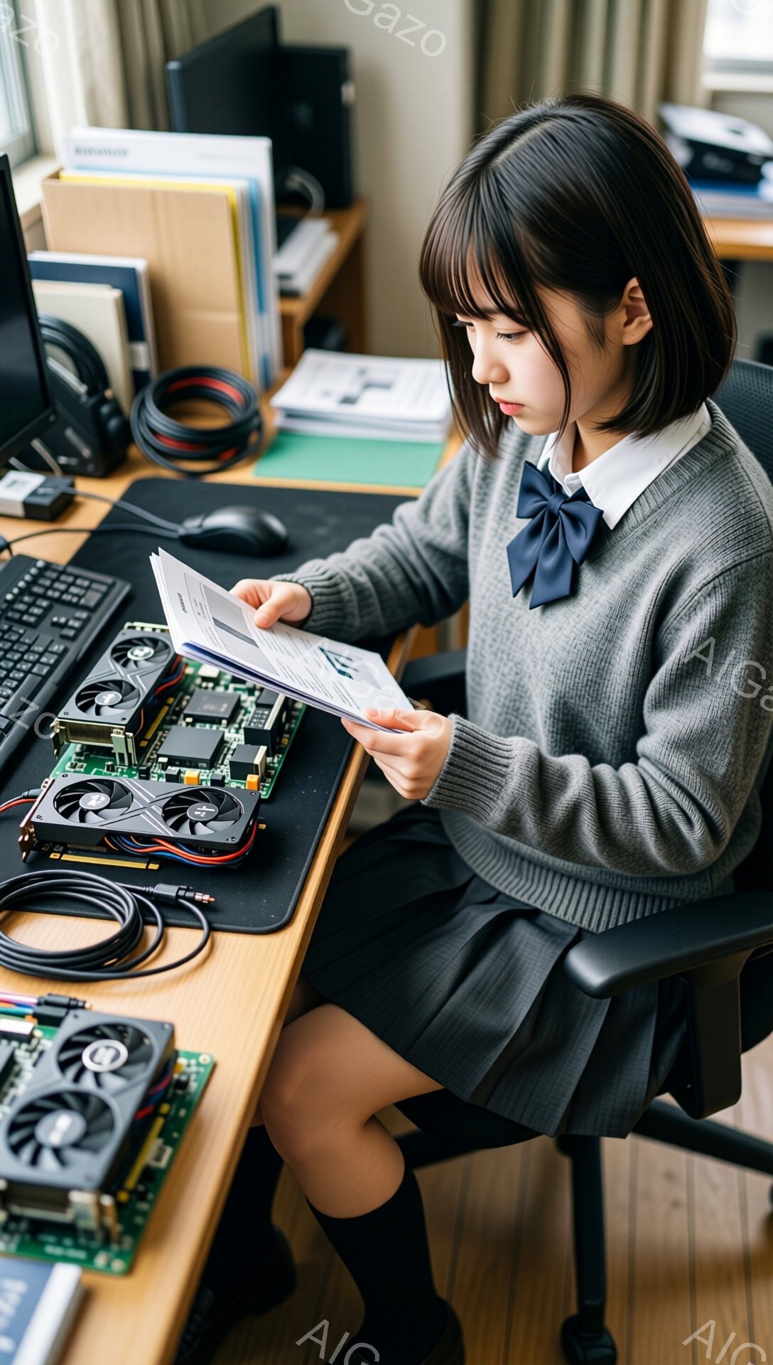 制服姿の女子学生が、分解されたコンピューターのパーツを前に、説明書を真剣な面持ちで読んでいます。茶色のショートヘアにリボンをつけ、黒のスカートと靴下を履いており、背景にはパソコンや書籍が置かれた机と、窓の外のぼやけた景色が見えます。室内は明るく、集中して作業に取り組む真面目な雰囲気が伝わってきます。