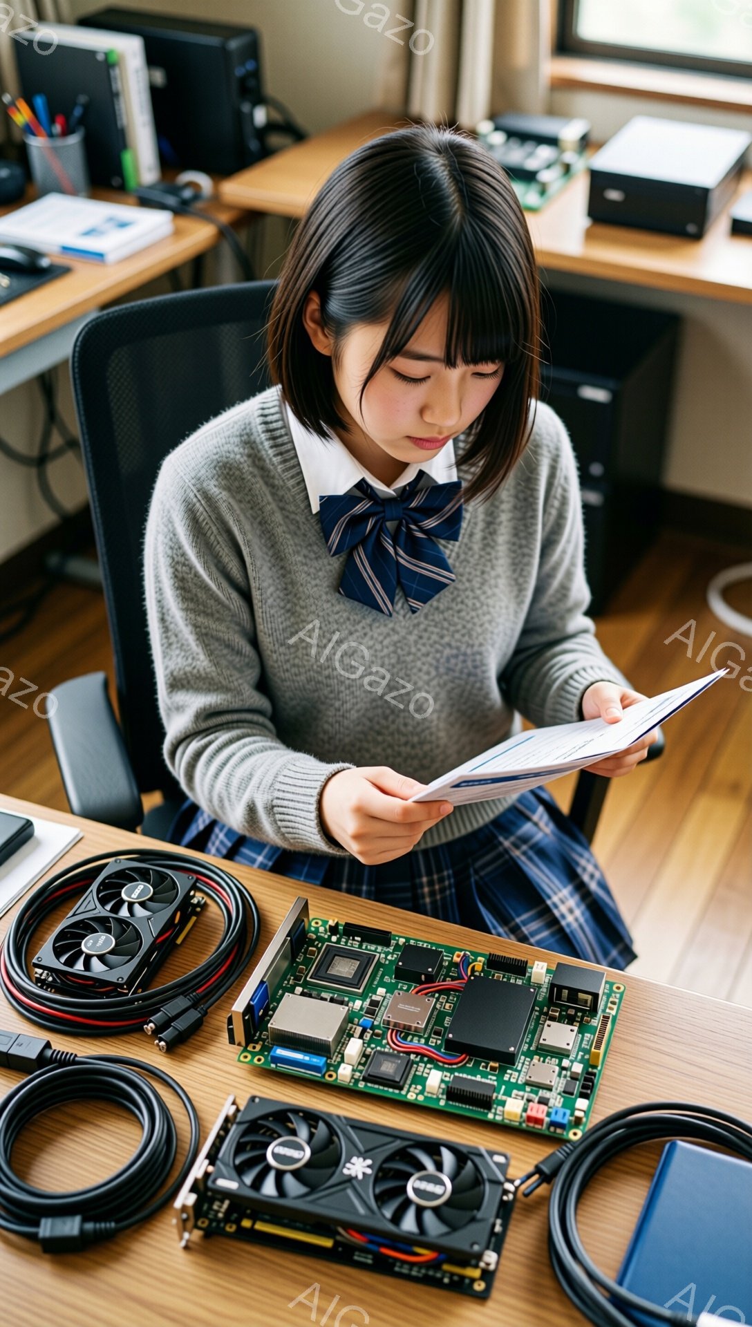 画像には、制服を着た若い女性が、パソコンのパーツを広げた机の上でマニュアルを読んでいます。彼女はセーターとチェック柄のスカートを着用し、長い黒髪を肩まで下ろしています。集中した表情で、彼女はパソコンの組み立て作業に取り組んでいるようです。