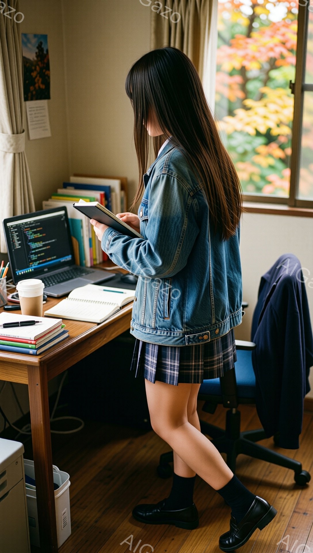 長い髪の女性が、木製の机の前でタブレットを見ている。彼女はデニムジャケットとチェック柄のスカートを着用し、黒い靴を履いている。窓の外には紅葉した木々が見え、部屋全体が温かく落ち着いた雰囲気である。