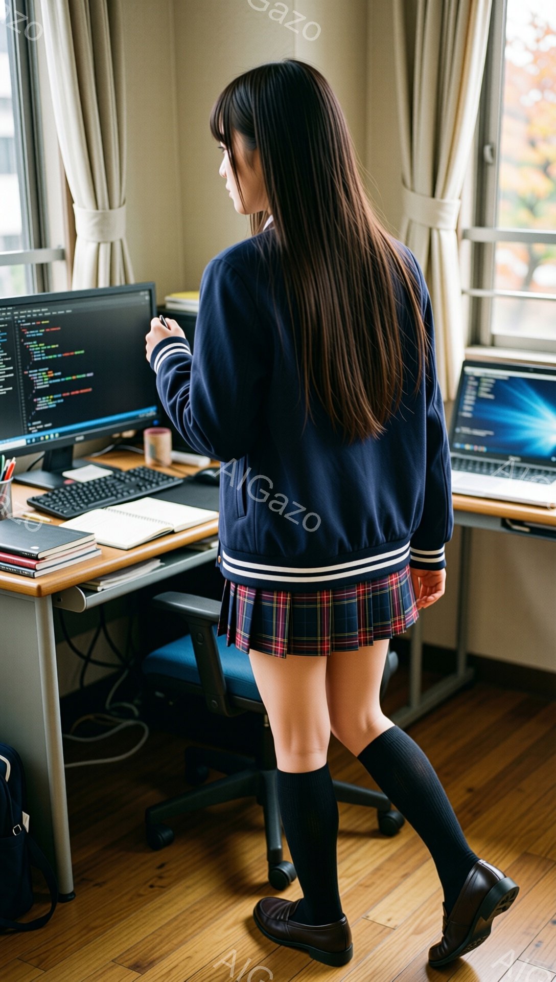 画像は、制服を着た若い女性が部屋の中でパソコンに向かっている様子を捉えています。彼女は紺色のブレザーにチェック柄のスカート、黒いソックス、革靴を履いており、長い黒髪が背中に広がっています。部屋には木製の机と椅子があり、パソコン画面にはコードが表示されており、学習または仕事に集中している様子が伺えます。