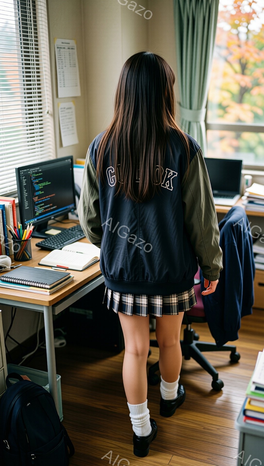 画像は、部屋の奥に机があり、机の前に若い女性が立っている様子を捉えています。彼女は黒い髪で、紺色のジャケットとチェック柄のプリーツスカート、白いソックスと黒い靴を履いています。背景にはコンピュータや本が置かれた机、そして窓から差し込む自然光が見え、学習や仕事に集中した雰囲気が漂っています。