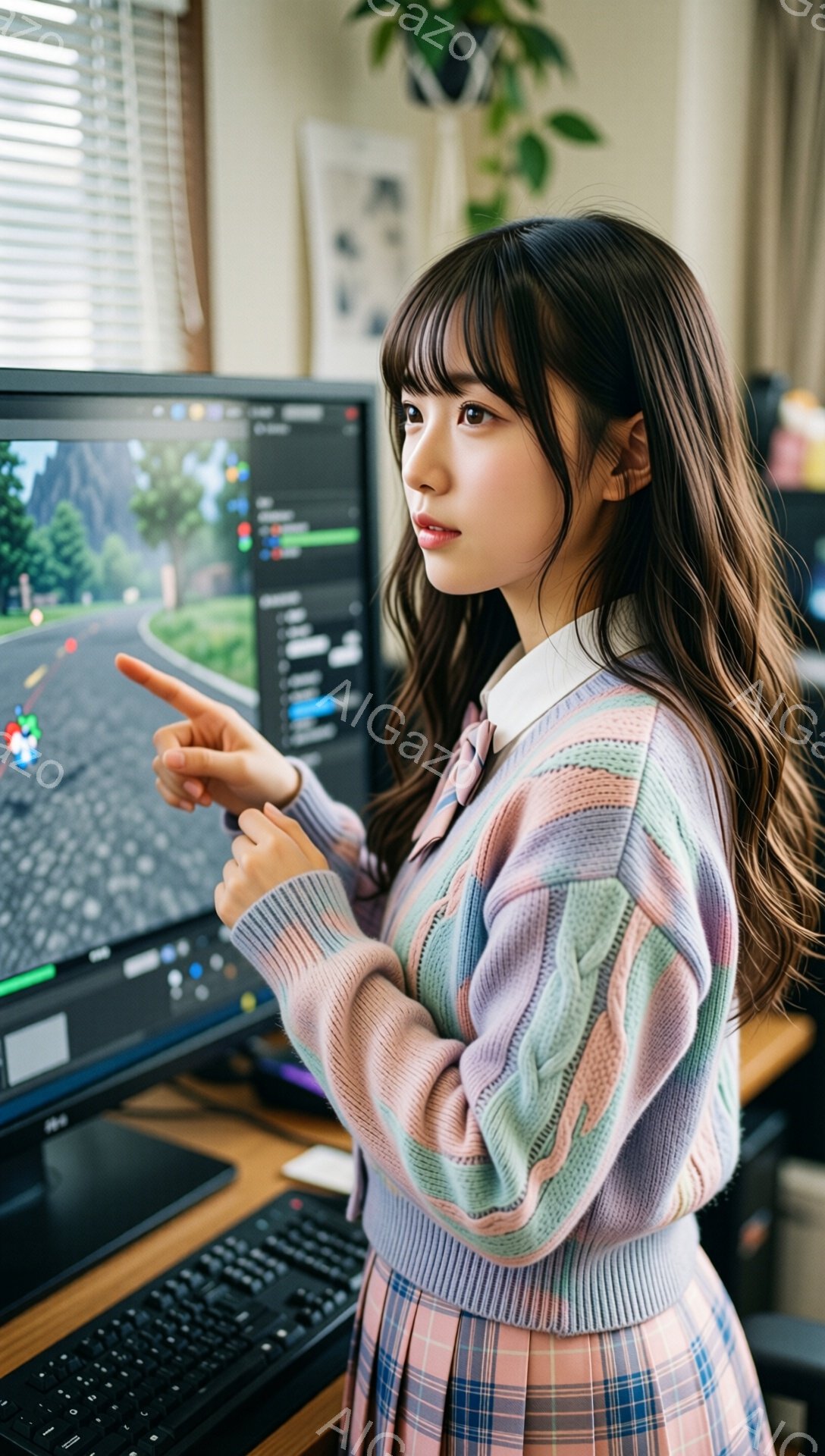 明るい茶色の髪で、前髪が目にかかる女性が、コンピューターの画面を指差している。彼女は、パステルカラーのストライプのセーターと、チェック柄のスカートを身に着け、首にリボンをつけている。背景には木製の机とモニター、そして少しぼやけた植物が見え、室内でゲームや作業をしている様子がうかがえる。